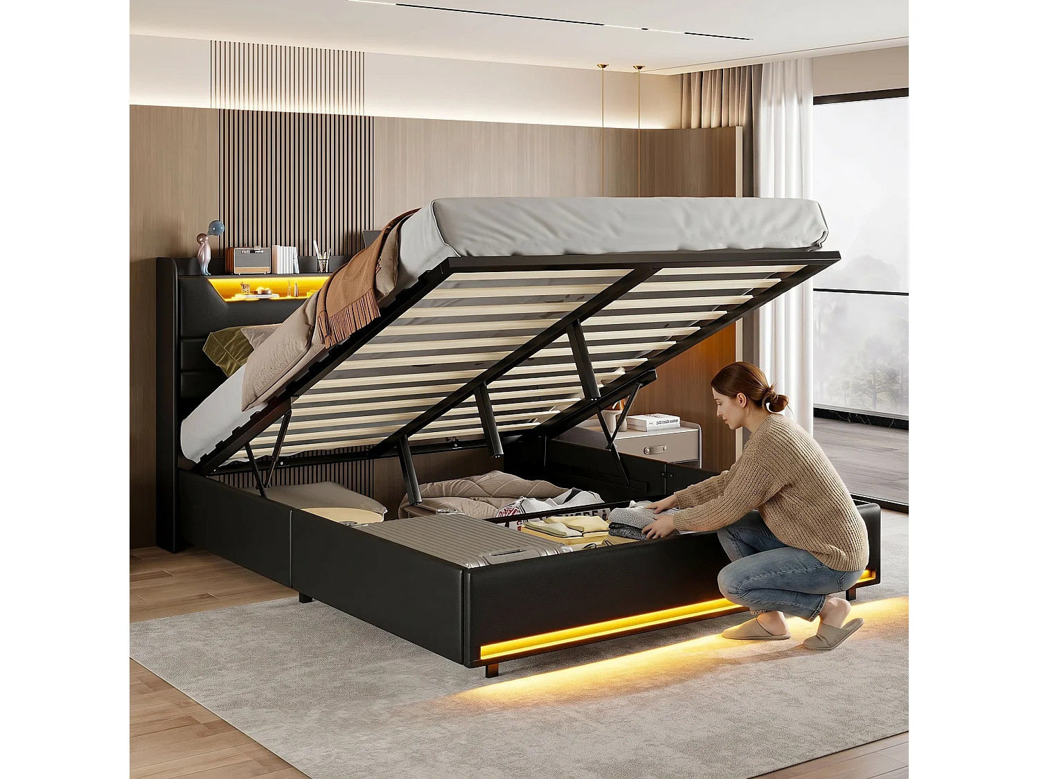 Lit coffre 2 places 140x190 cm avec tête de lit LED et USB, sommier à lattes en bois, PU noir