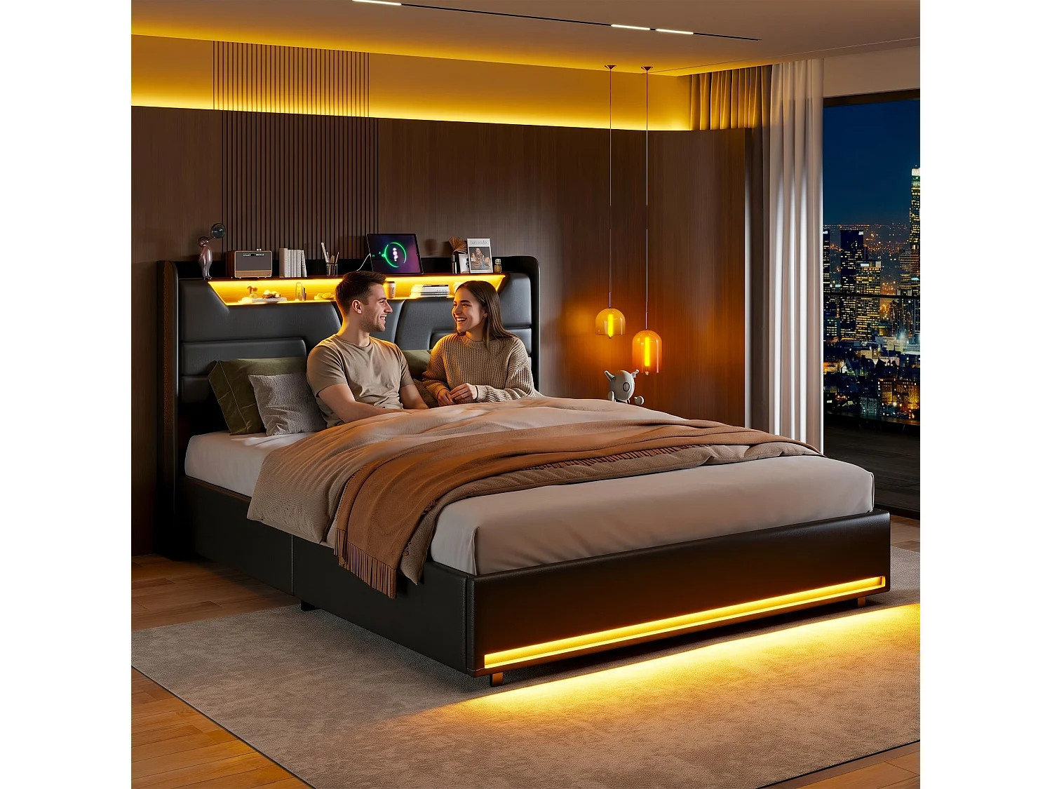 Lit coffre 2 places 140x190 cm avec tête de lit LED et USB, sommier à lattes en bois, PU noir