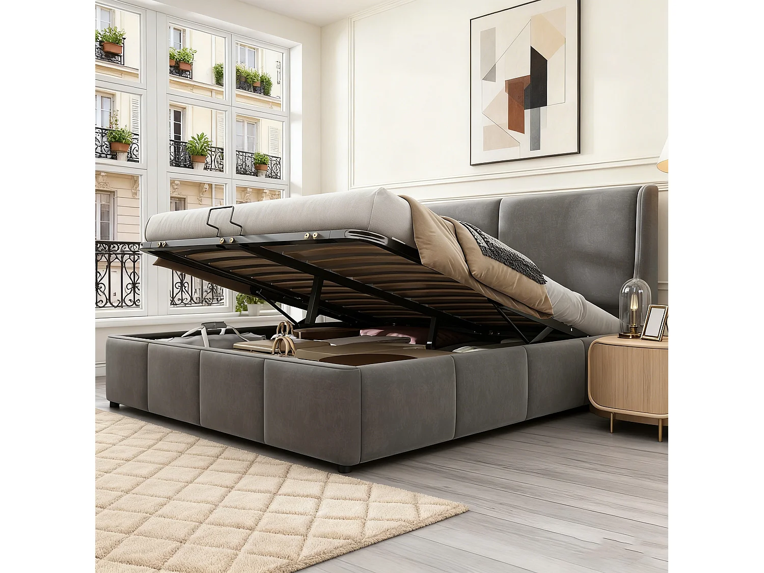 Lit coffre 140 x 190 cm, lit 140x190 avec sommier, lit double, cadre de lit, avec tete de lit, Gris, velours