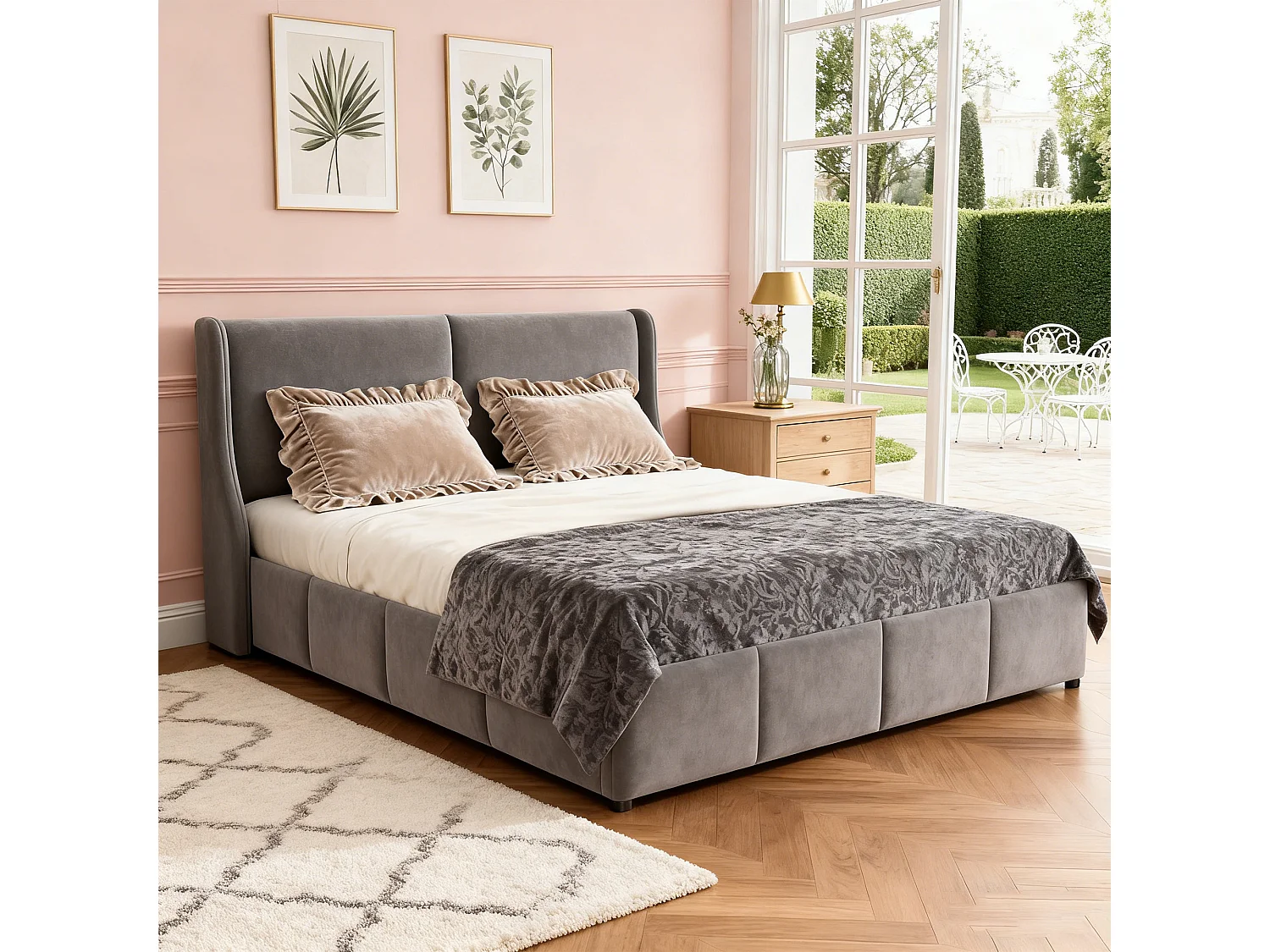 Lit coffre 140 x 190 cm, lit 140x190 avec sommier, lit double, cadre de lit, avec tete de lit, Gris, velours
