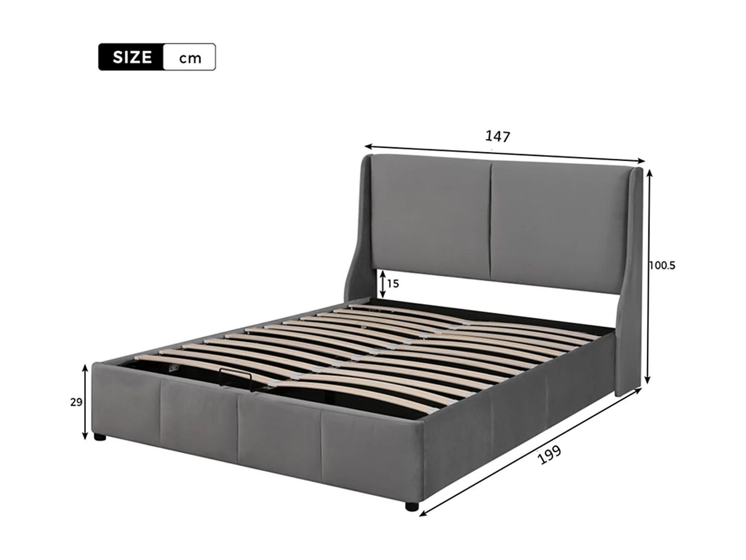 Lit coffre 140 x 190 cm, lit 140x190 avec sommier, lit double, cadre de lit, avec tete de lit, Gris, velours