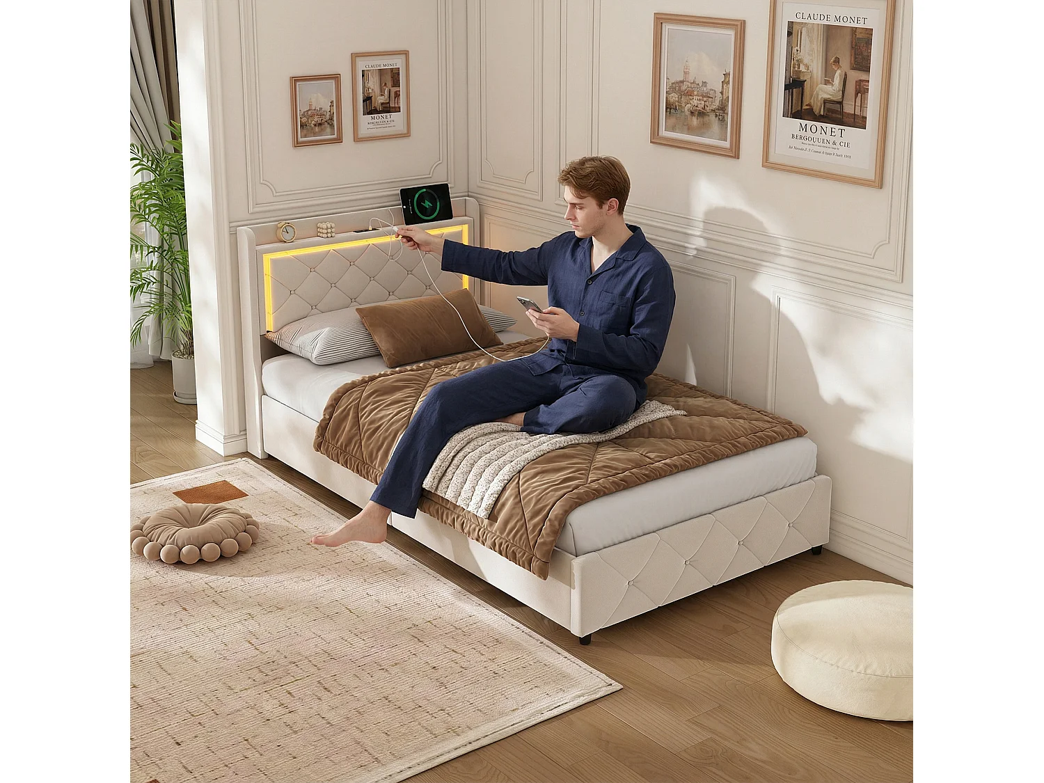 Lit coffre 90x200 cm avec Sommier - Éclairage LED RGB - Charge USB et Type-C - Lit Simple - Velours Beige
