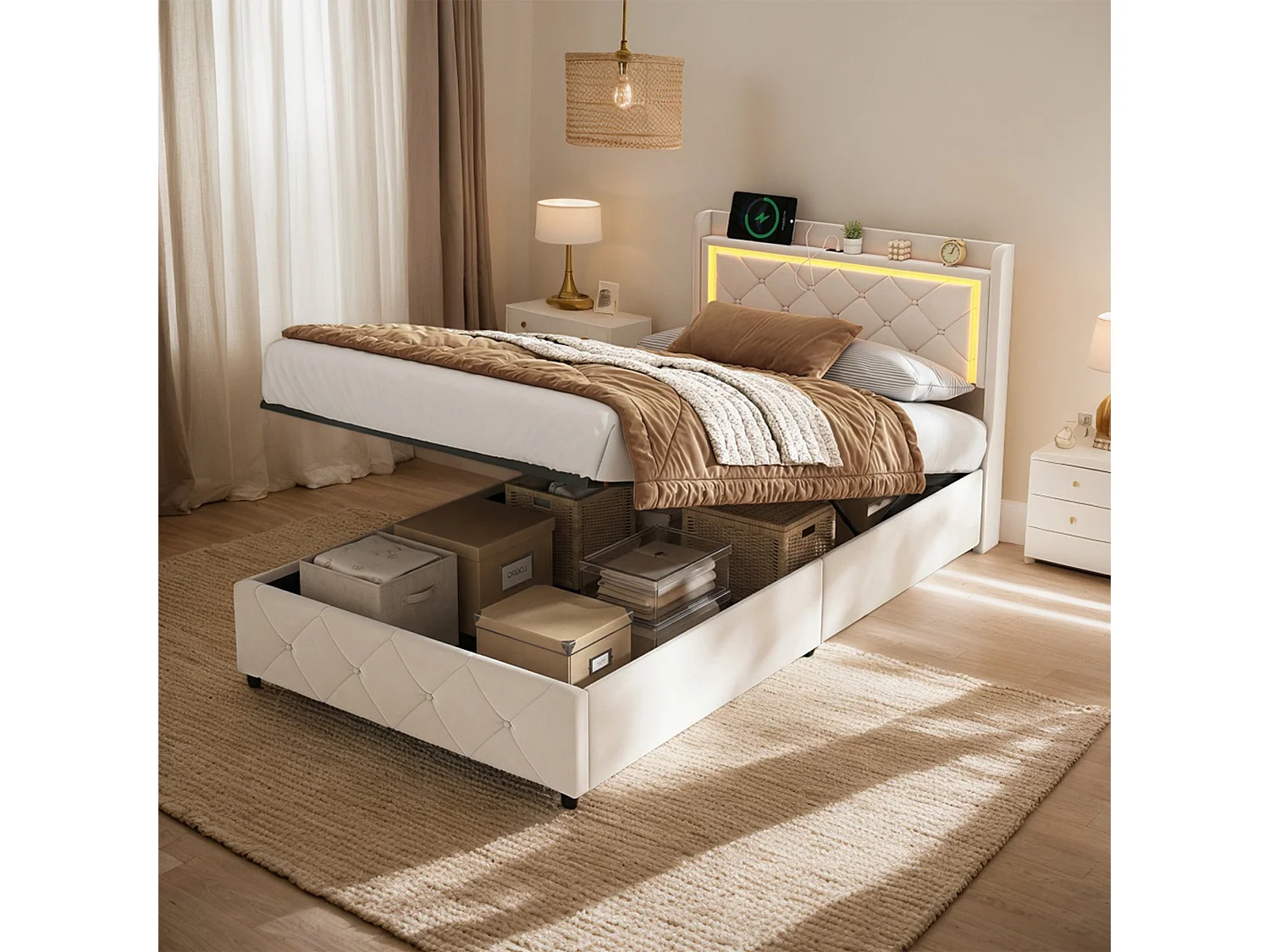 Lit coffre 90x200 cm avec Sommier - Éclairage LED RGB - Charge USB et Type-C - Lit Simple - Velours Beige