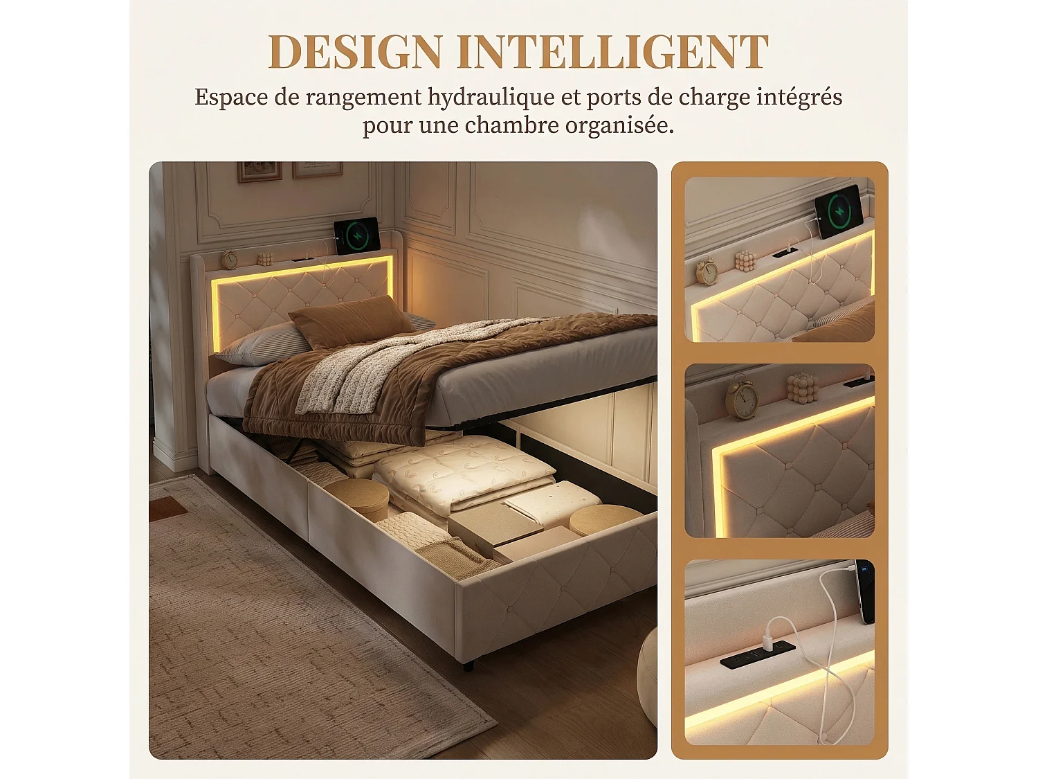 Lit coffre 90x200 cm avec Sommier - Éclairage LED RGB - Charge USB et Type-C - Lit Simple - Velours Beige