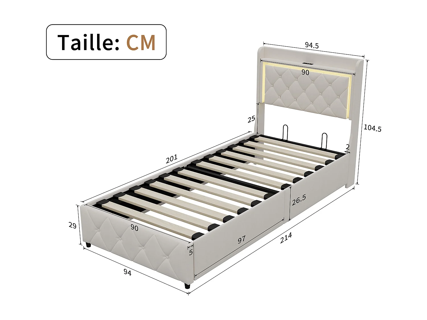 Lit coffre 90x200 cm avec Sommier - Éclairage LED RGB - Charge USB et Type-C - Lit Simple - Velours Beige