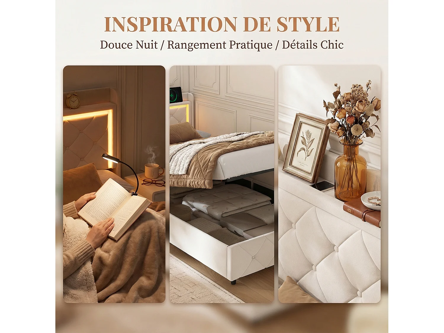 Lit coffre 90x200 cm avec Sommier - Éclairage LED RGB - Charge USB et Type-C - Lit Simple - Velours Beige