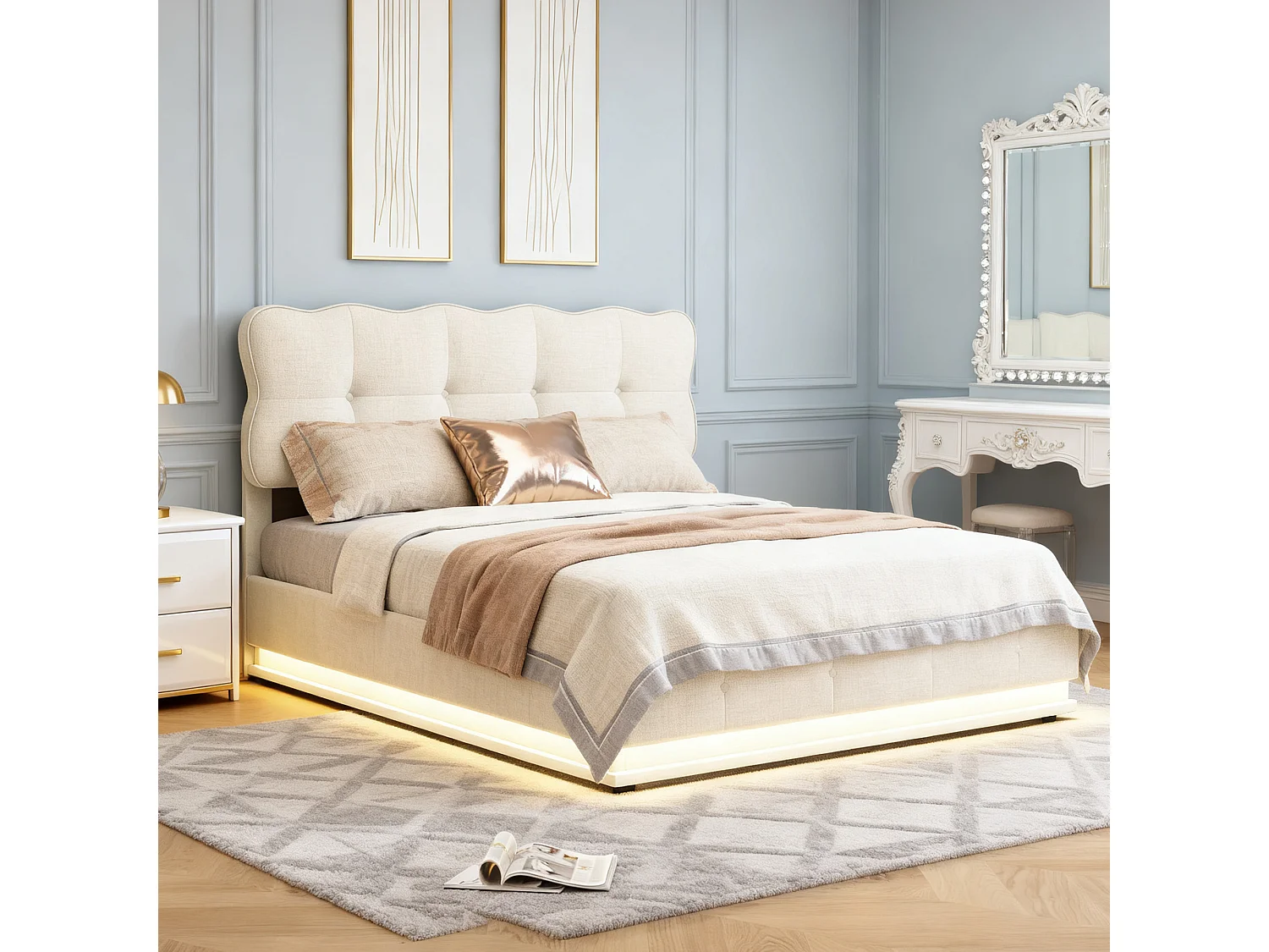 Lit coffre 140x190 cm -Tête de Lit Réglable en Hauteur - LED - avec Sommier à Lattes - Velours - Beige