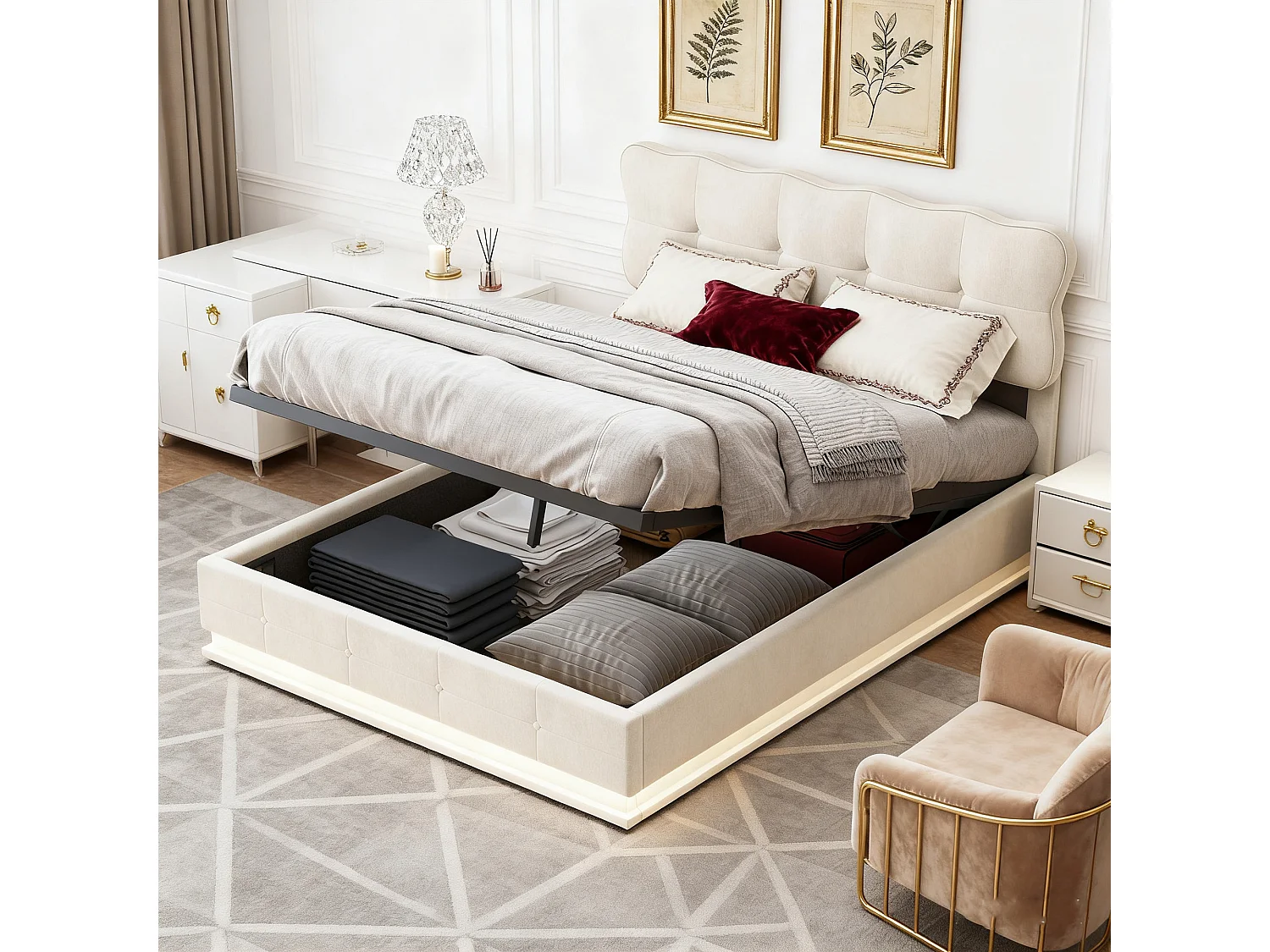 Lit coffre 140x190 cm -Tête de Lit Réglable en Hauteur - LED - avec Sommier à Lattes - Velours - Beige