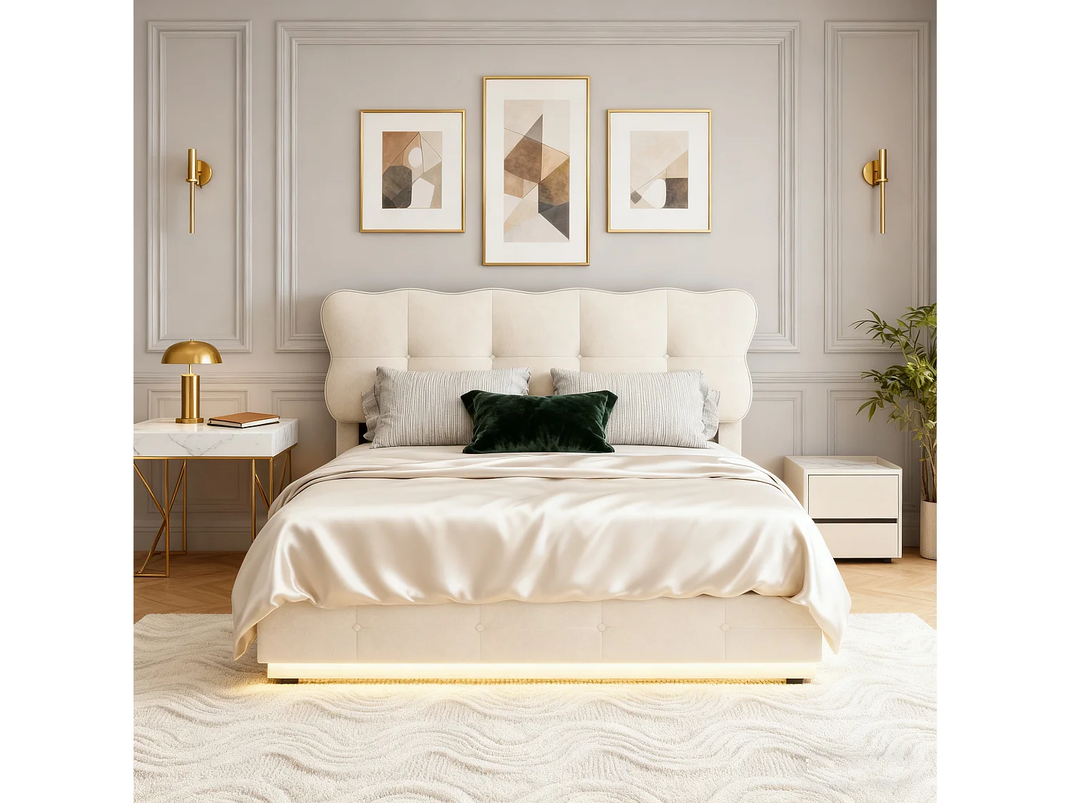 Lit coffre 140x190 cm -Tête de Lit Réglable en Hauteur - LED - avec Sommier à Lattes - Velours - Beige