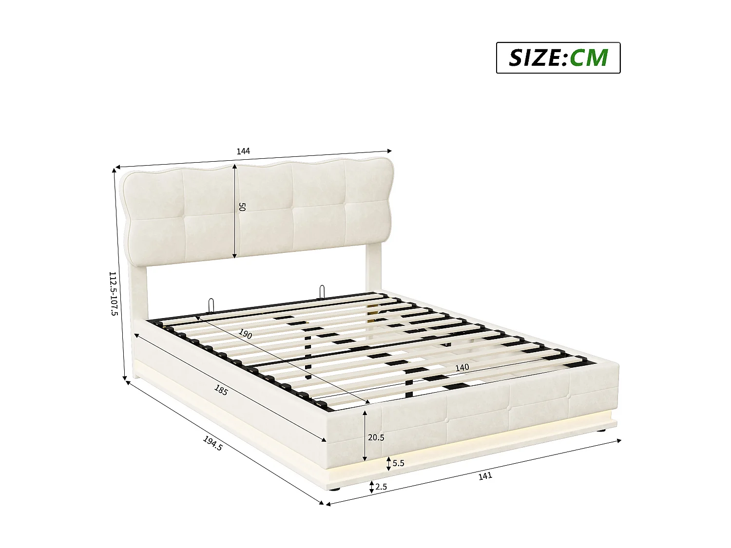 Lit coffre 140x190 cm -Tête de Lit Réglable en Hauteur - LED - avec Sommier à Lattes - Velours - Beige