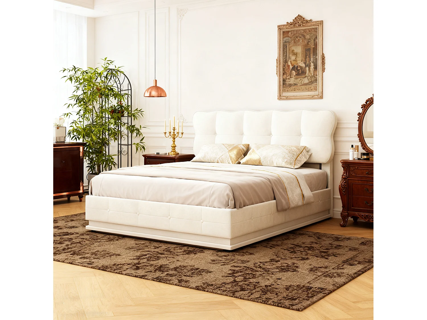 Lit coffre 140x190 cm -Tête de Lit Réglable en Hauteur - LED - avec Sommier à Lattes - Velours - Beige