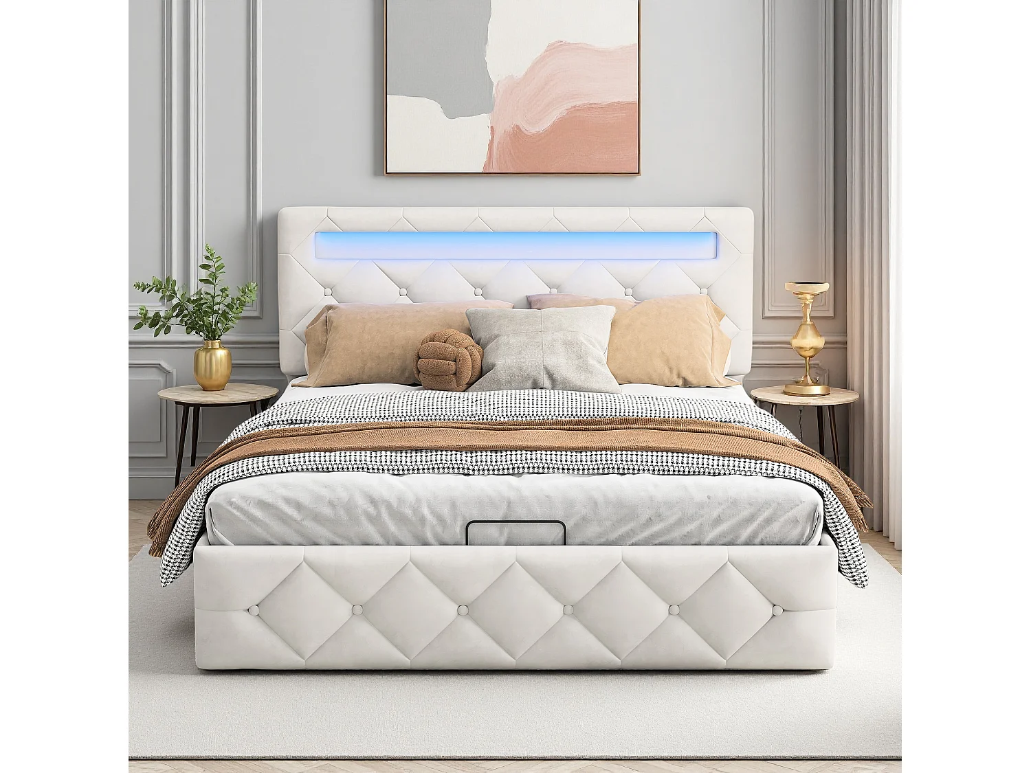 Lit 140x190 cm, RGB LED, hydraulique, scandinave, lit adulte, cadre de lit double 140x190 cm, Velours, abricot