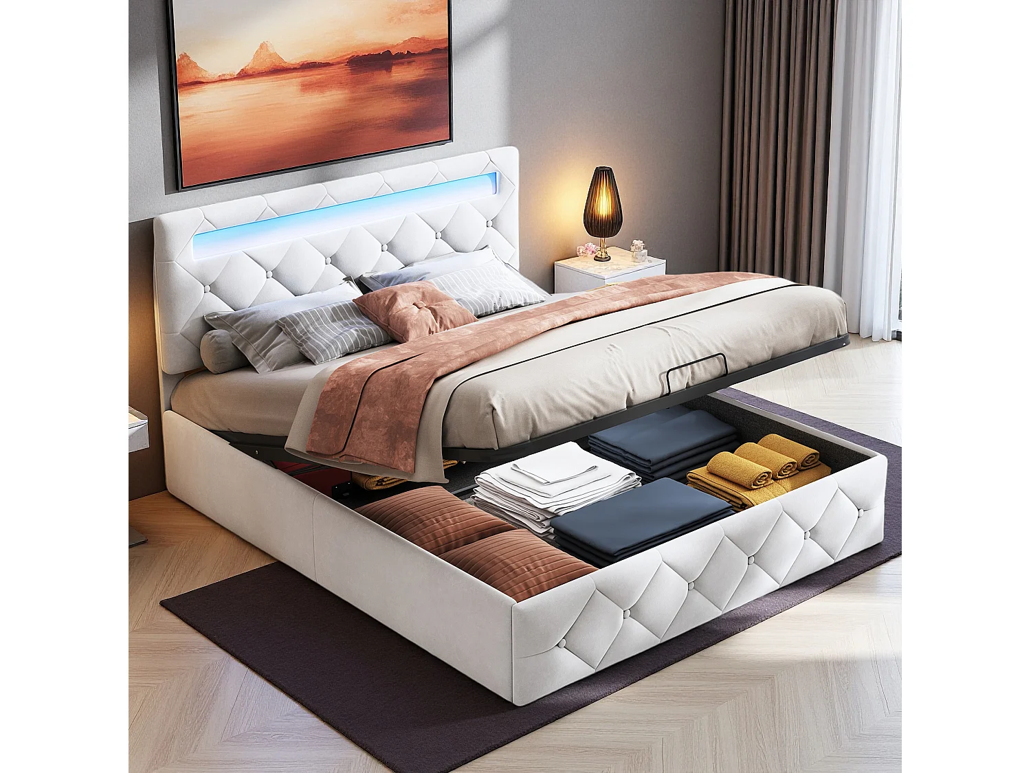 Lit 140x190 cm, RGB LED, hydraulique, scandinave, lit adulte, cadre de lit double 140x190 cm, Velours, abricot