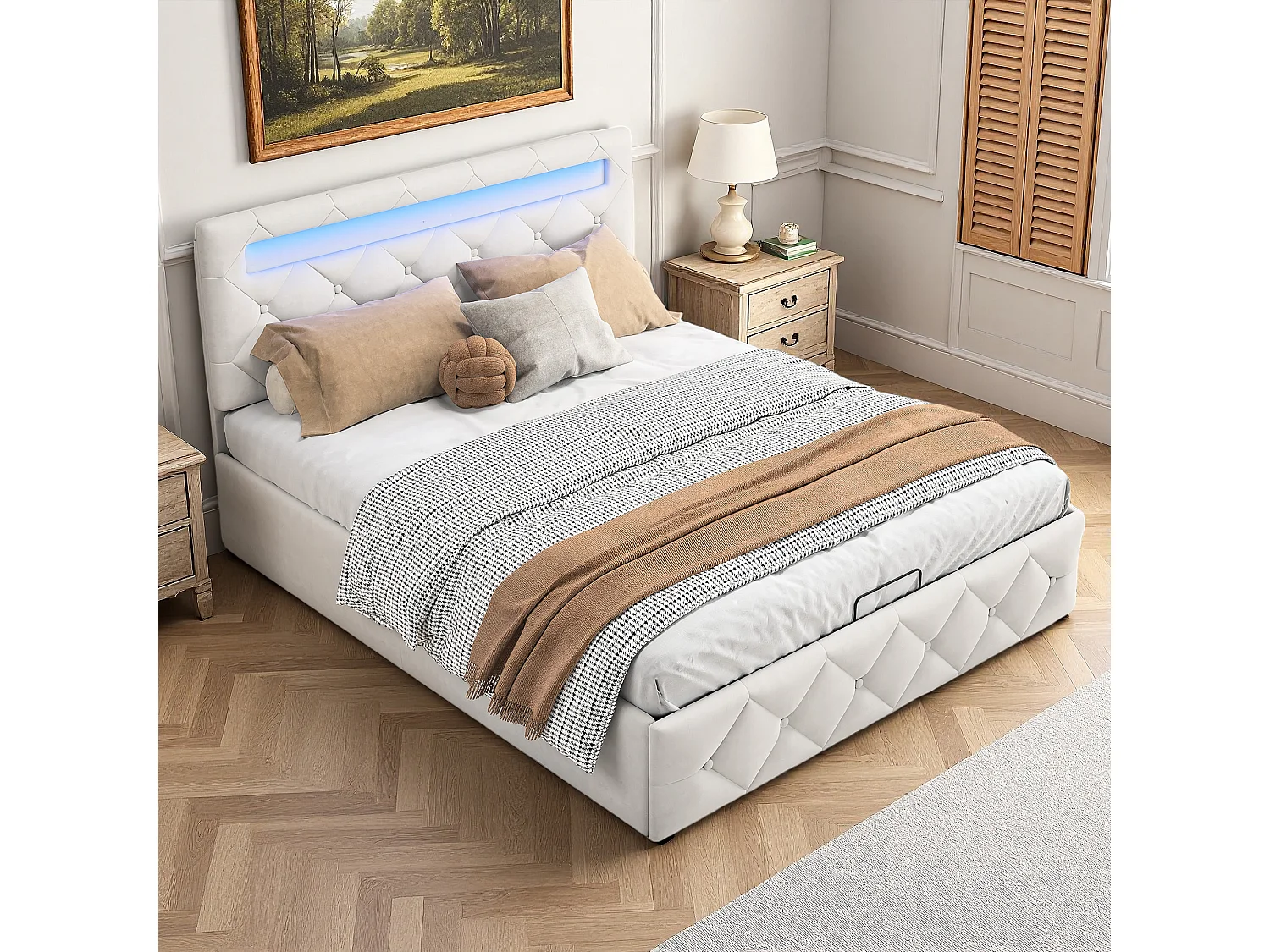 Lit 140x190 cm, RGB LED, hydraulique, scandinave, lit adulte, cadre de lit double 140x190 cm, Velours, abricot