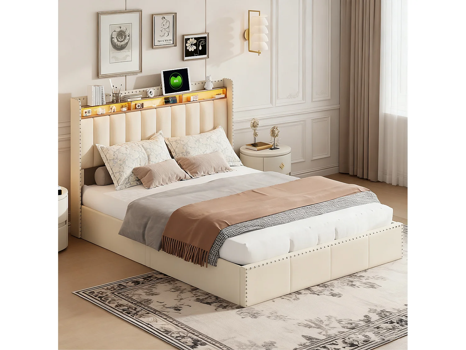 Lit coffre 140x190 - POCKETPOP - Velours blanc cassé - Tête de lit avec LED et USB - Cadre de Lit avec Sommier à Lattes - 2 places