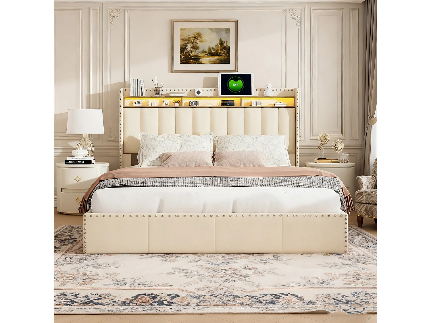 Lit coffre 140x190 - POCKETPOP - Velours blanc cassé - Tête de lit avec LED et USB - Cadre de Lit avec Sommier à Lattes - 2 places