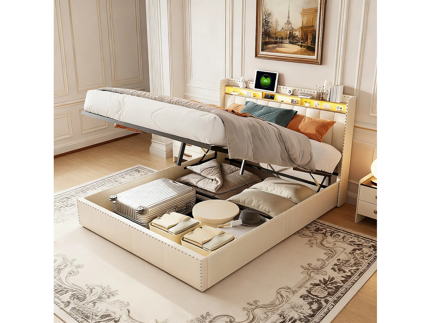 Lit coffre 140x190 - POCKETPOP - Velours blanc cassé - Tête de lit avec LED et USB - Cadre de Lit avec Sommier à Lattes - 2 places