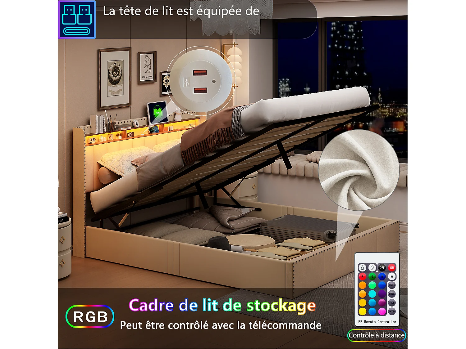 Lit coffre 140x190 - POCKETPOP - Velours blanc cassé - Tête de lit avec LED et USB - Cadre de Lit avec Sommier à Lattes - 2 places