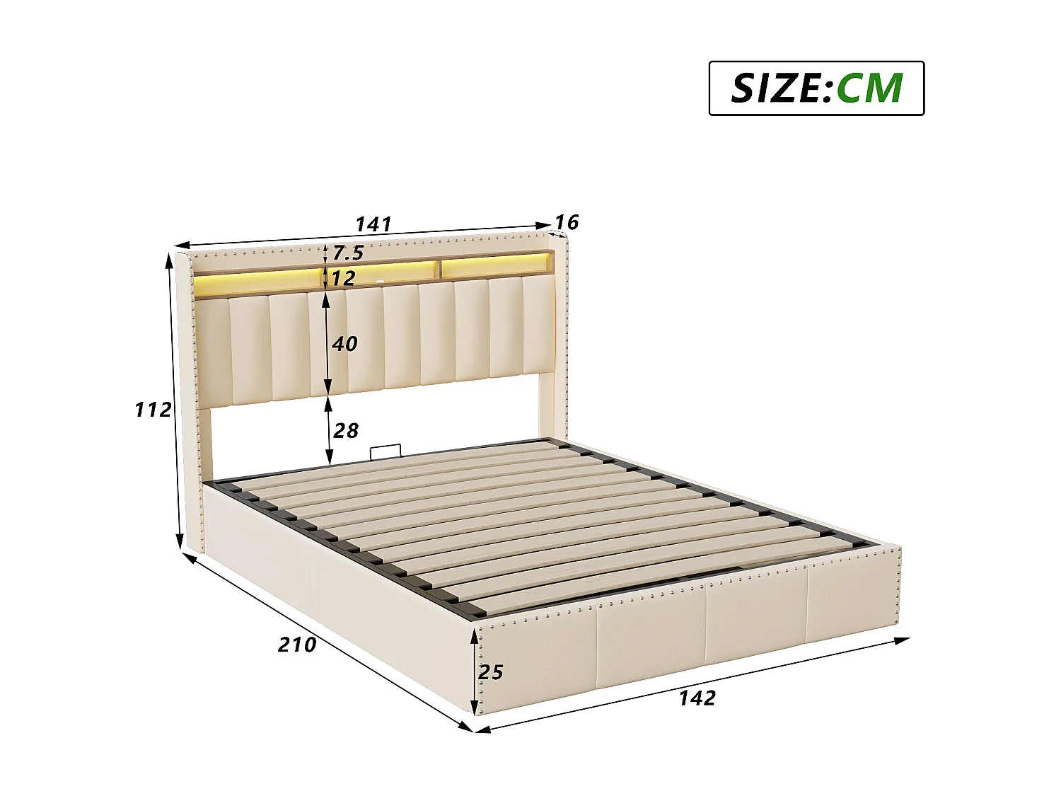 Lit coffre 140x190 - POCKETPOP - Velours blanc cassé - Tête de lit avec LED et USB - Cadre de Lit avec Sommier à Lattes - 2 places