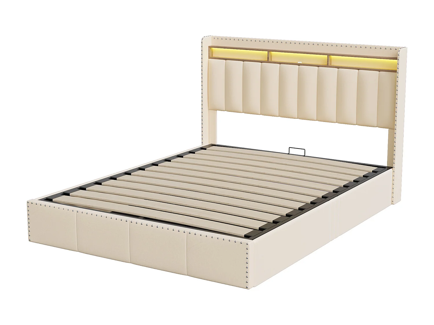 Lit coffre 140x190 - POCKETPOP - Velours blanc cassé - Tête de lit avec LED et USB - Cadre de Lit avec Sommier à Lattes - 2 places