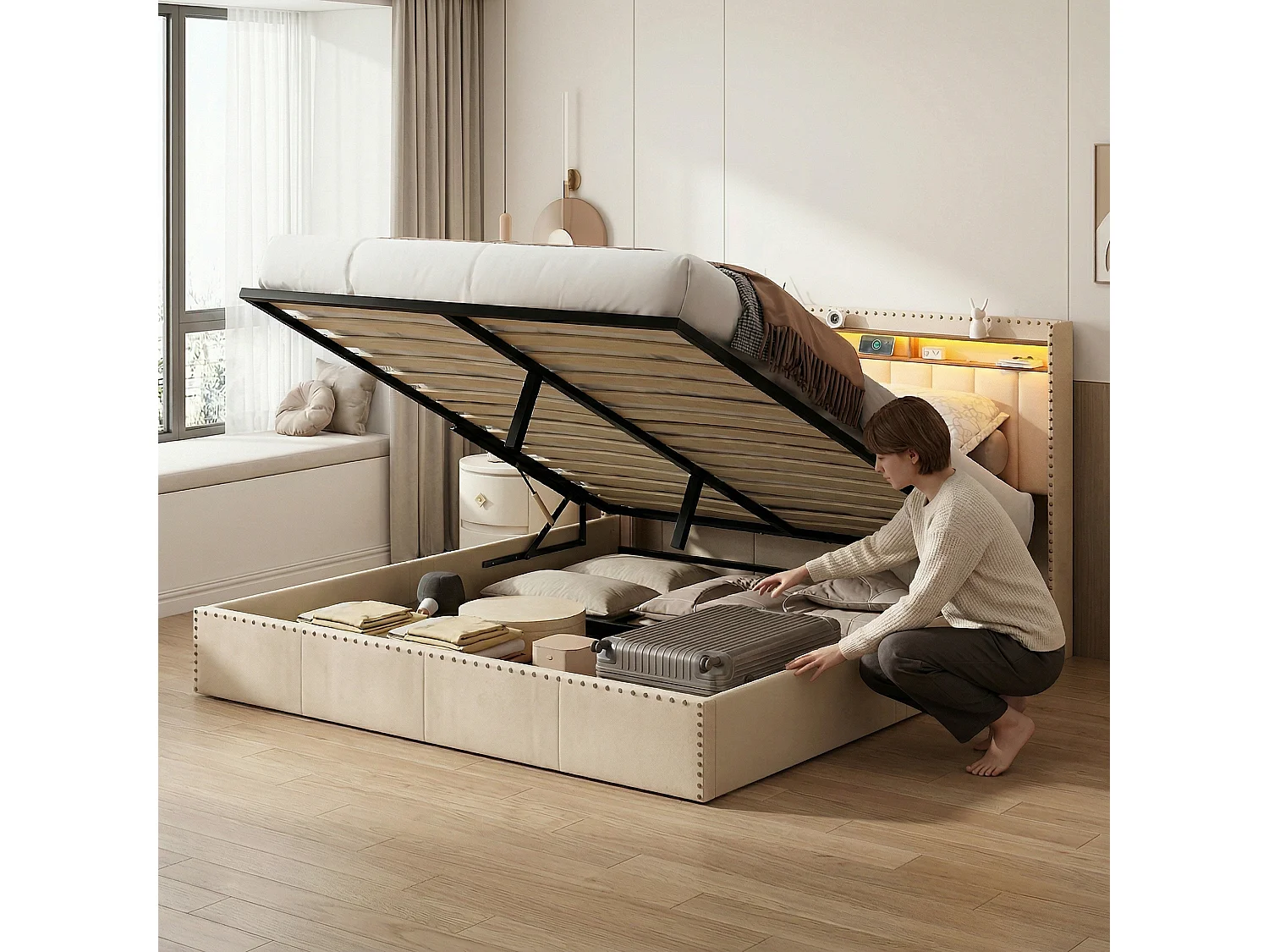 Lit coffre 2 places 140x190 cm avec tête de lit LED et USB, sommier à lattes, velours blanc cassé