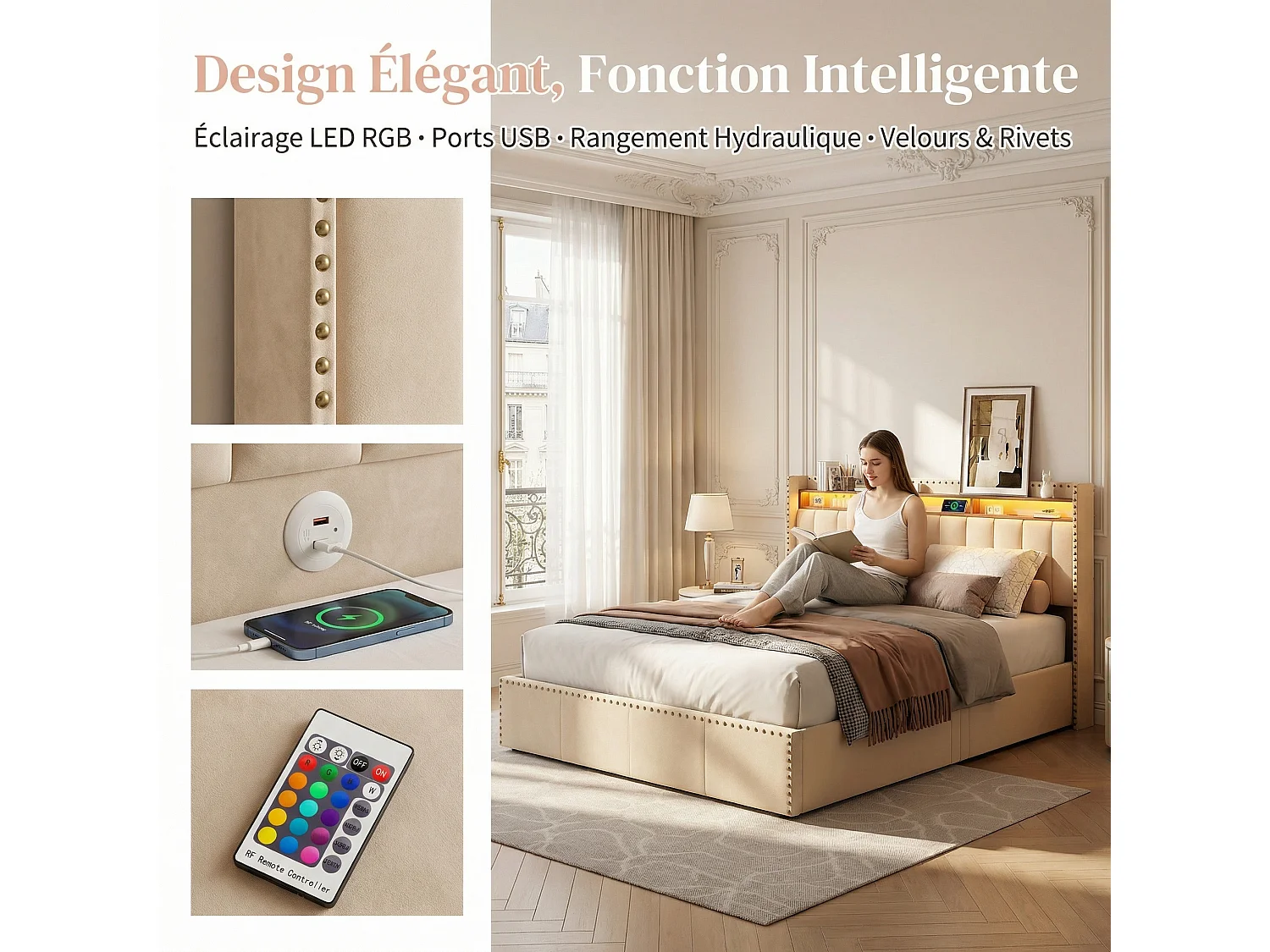 Lit coffre 2 places 140x190 cm avec tête de lit LED et USB, sommier à lattes, velours blanc cassé