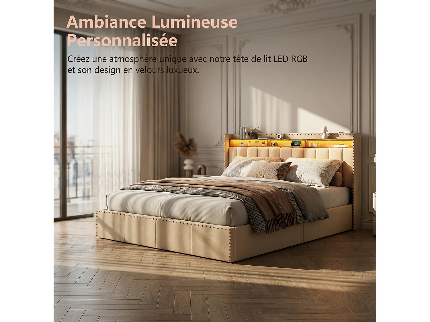 Lit coffre 2 places 140x190 cm avec tête de lit LED et USB, sommier à lattes, velours blanc cassé