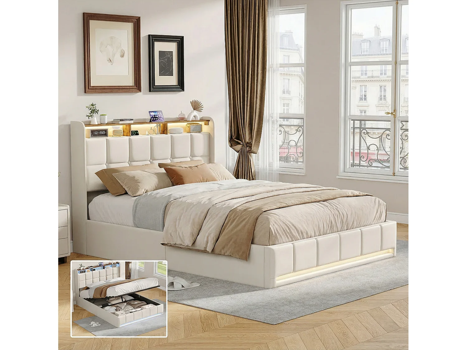 Structure de Lit - POCKETPOP - Lit coffre - 140x190 cm - Sommier Relevable - avec USB et LED - Beige