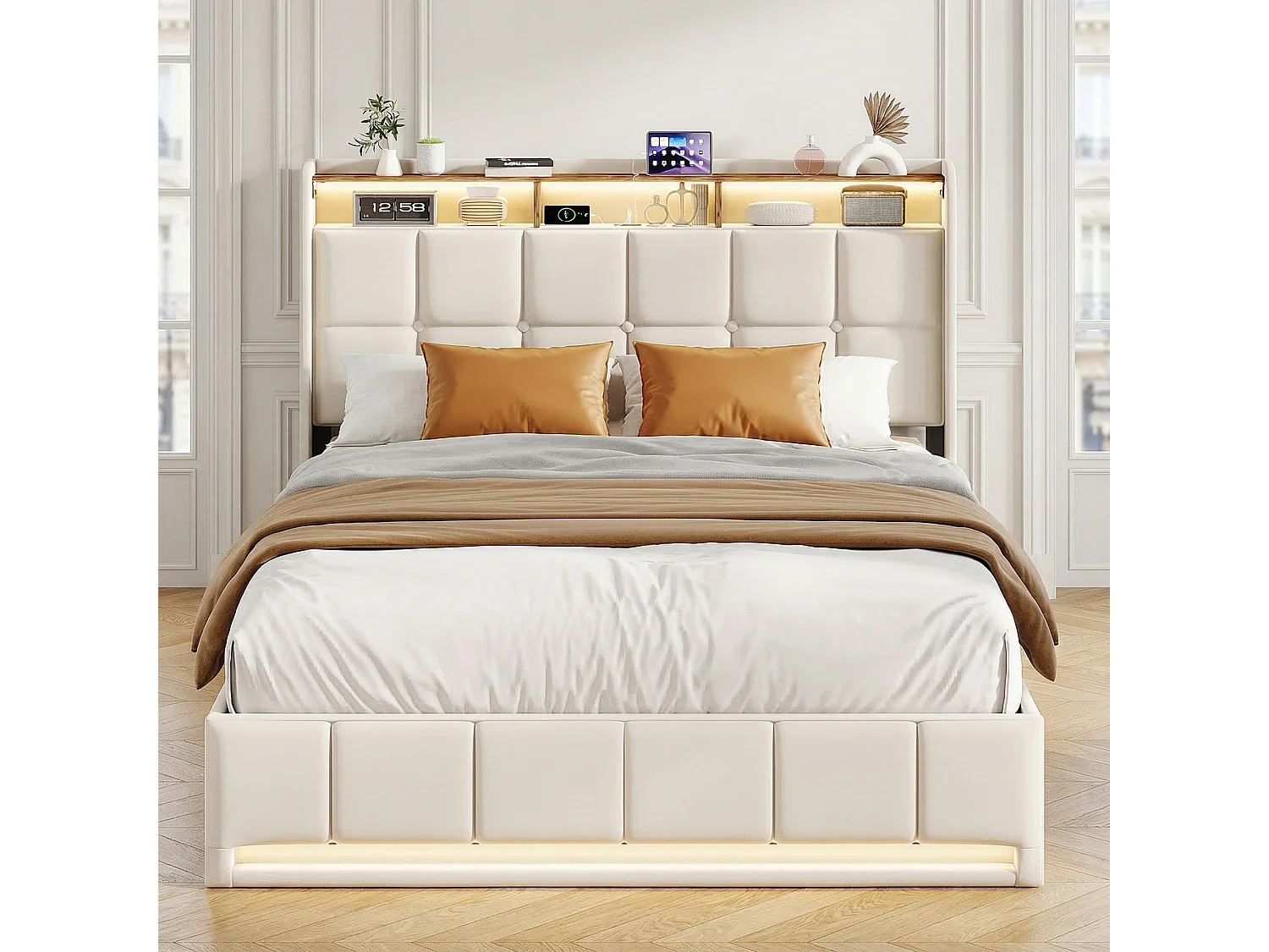 Structure de Lit - POCKETPOP - Lit coffre - 140x190 cm - Sommier Relevable - avec USB et LED - Beige