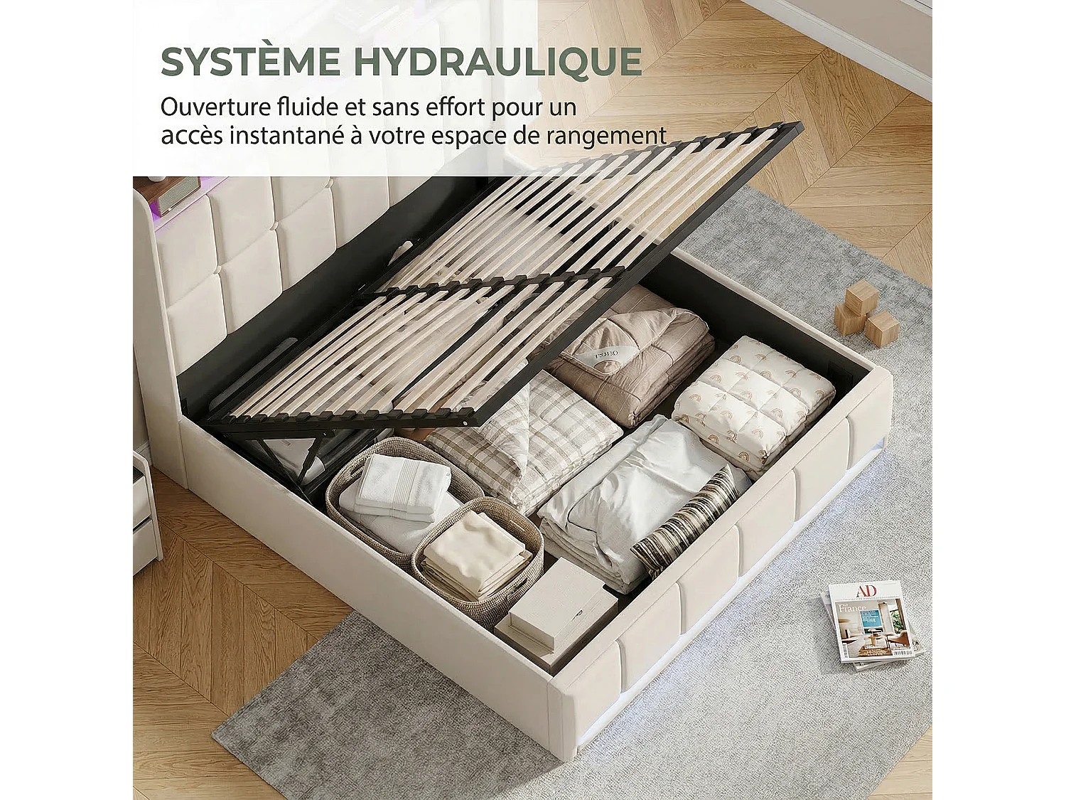Structure de Lit - POCKETPOP - Lit coffre - 140x190 cm - Sommier Relevable - avec USB et LED - Beige