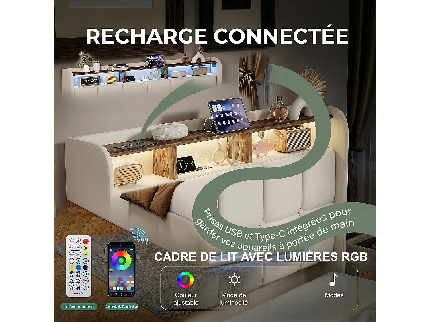 Structure de Lit - POCKETPOP - Lit coffre - 140x190 cm - Sommier Relevable - avec USB et LED - Beige