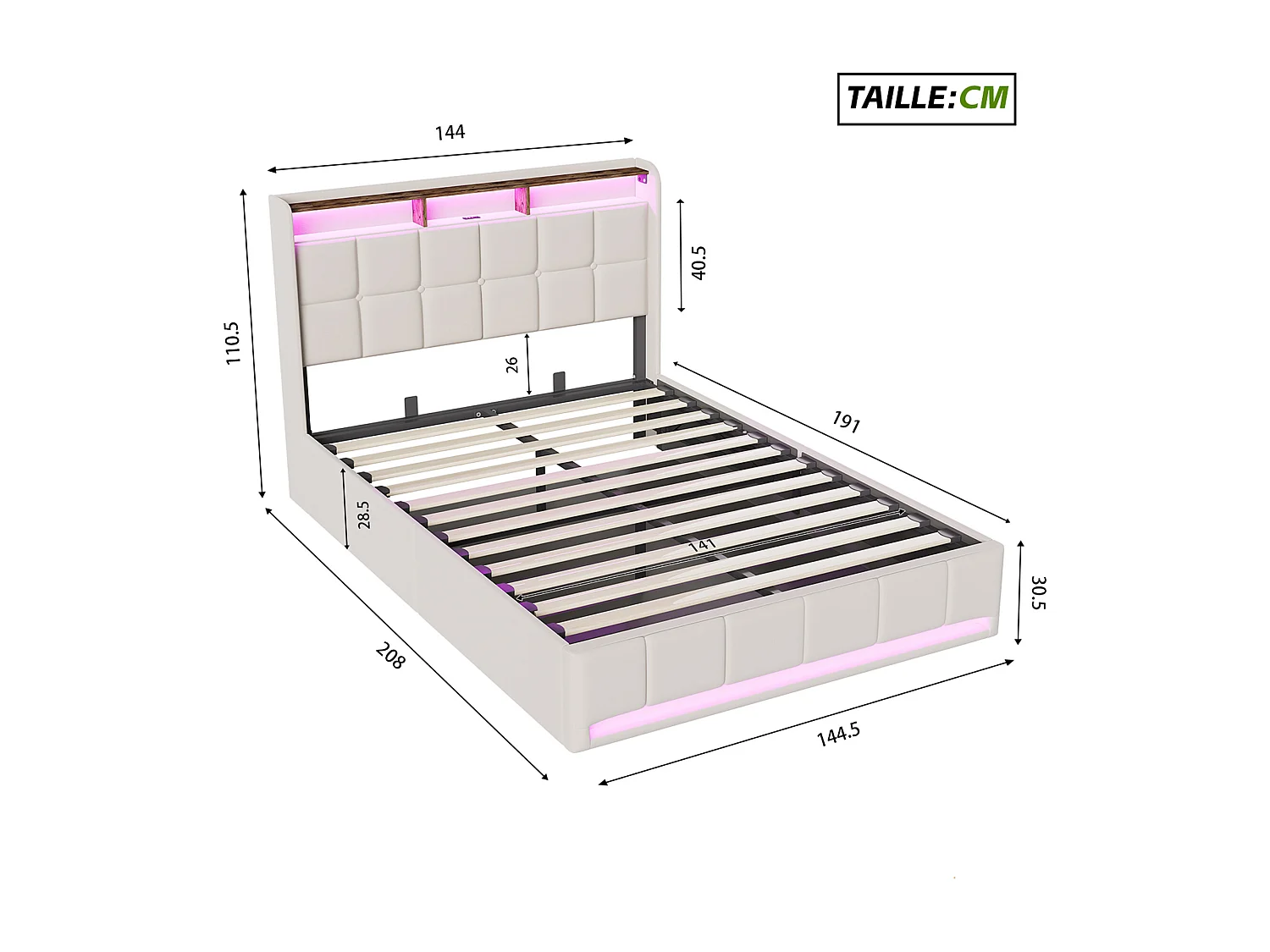 Structure de Lit - POCKETPOP - Lit coffre - 140x190 cm - Sommier Relevable - avec USB et LED - Beige