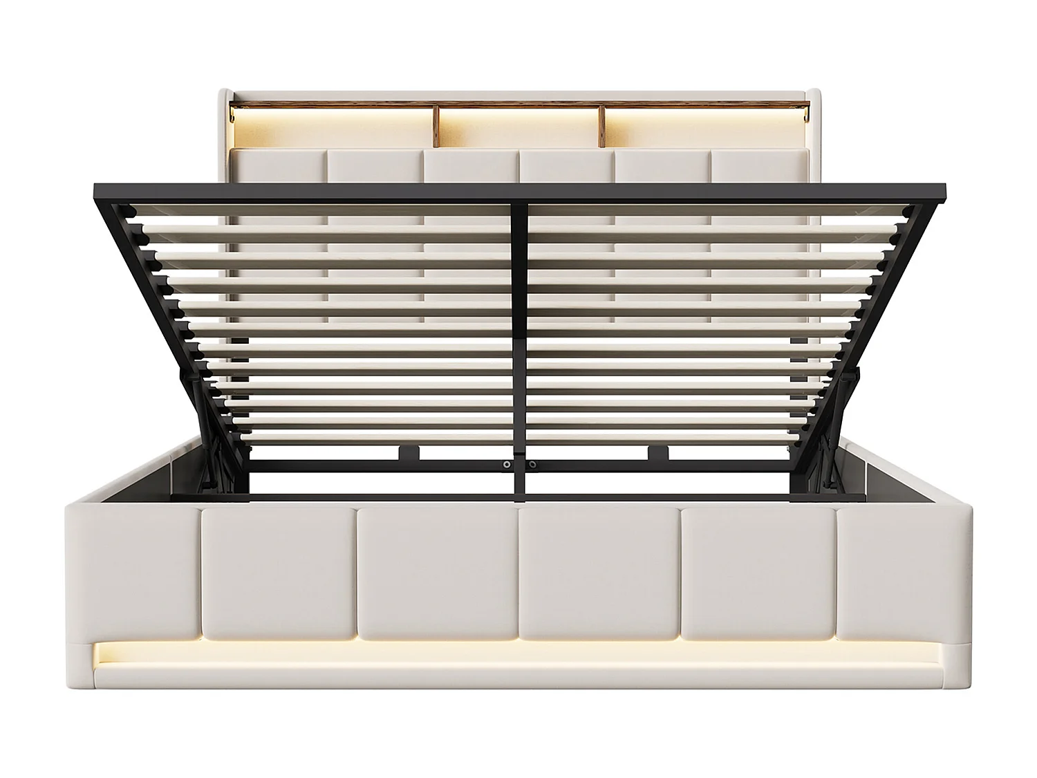 Structure de Lit - POCKETPOP - Lit coffre - 140x190 cm - Sommier Relevable - avec USB et LED - Beige