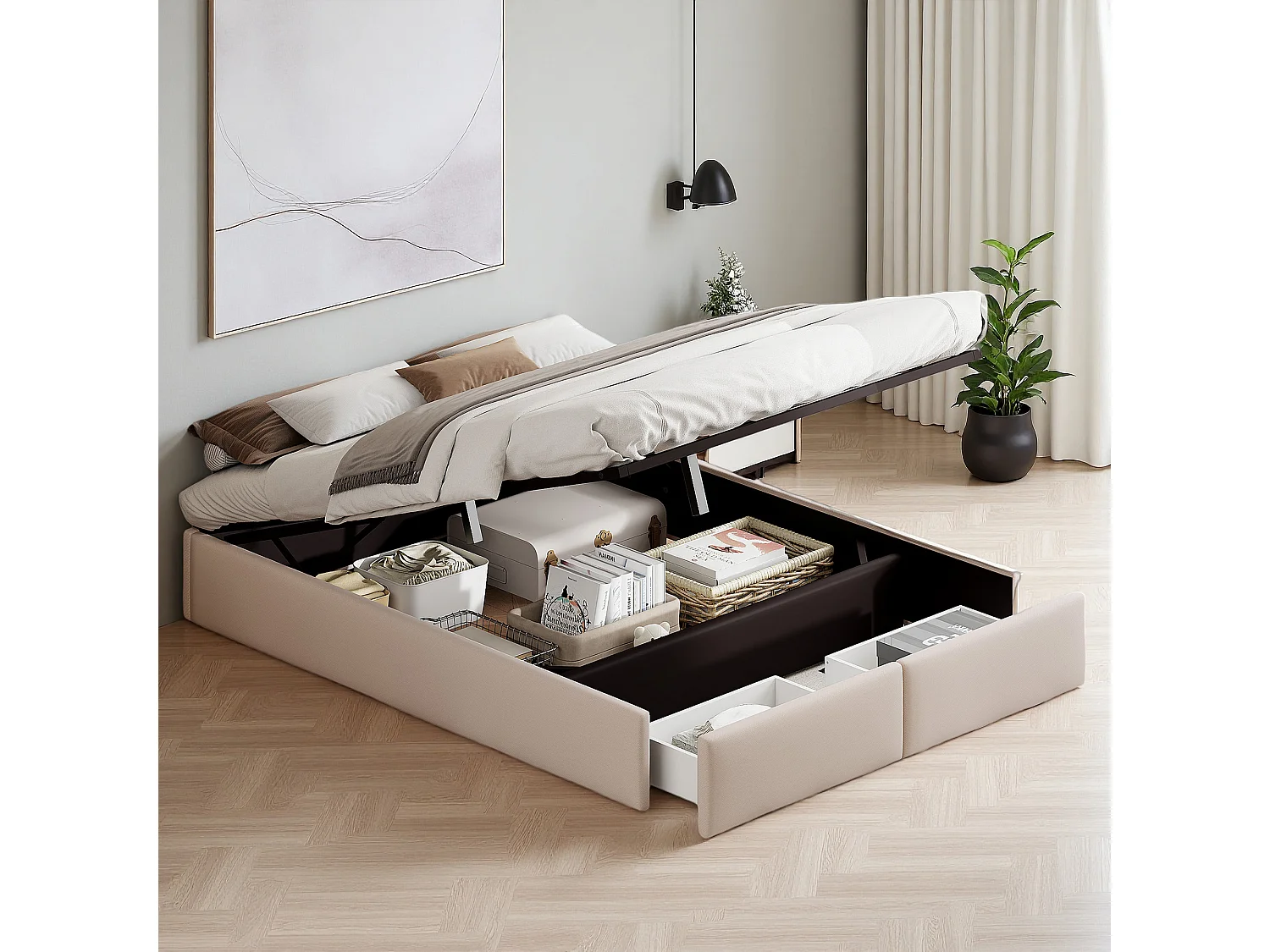 Lit coffre 140x190 cm - NEXU - Style minimaliste moderne - Tissu en lin - cadre de lit double 140x190 cm - 250 kg - Beige