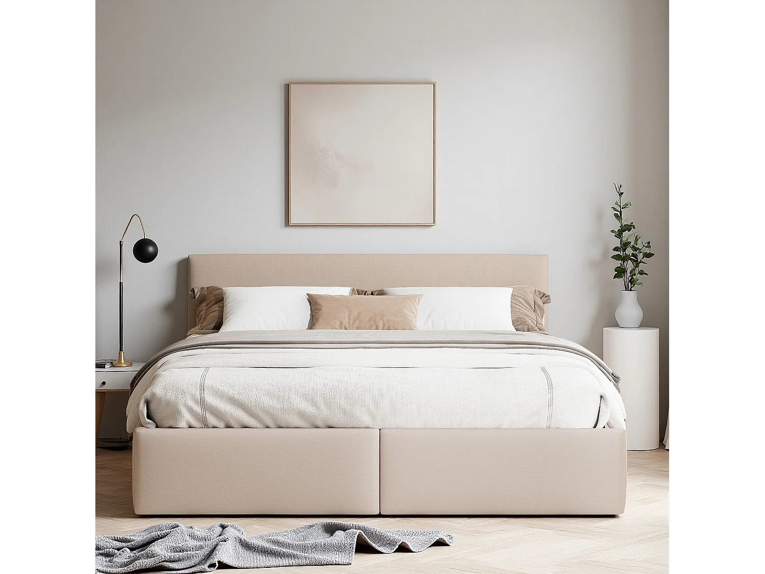 Lit coffre 140x190 cm - NEXU - Style minimaliste moderne - Tissu en lin - cadre de lit double 140x190 cm - 250 kg - Beige