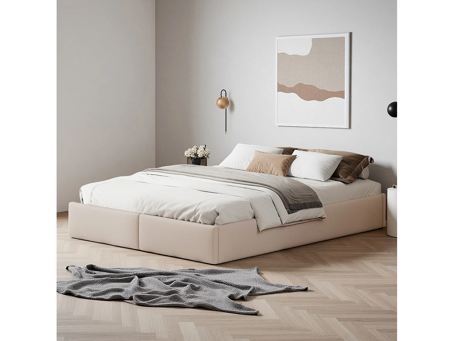 Lit coffre 140x190 cm - NEXU - Style minimaliste moderne - Tissu en lin - cadre de lit double 140x190 cm - 250 kg - Beige