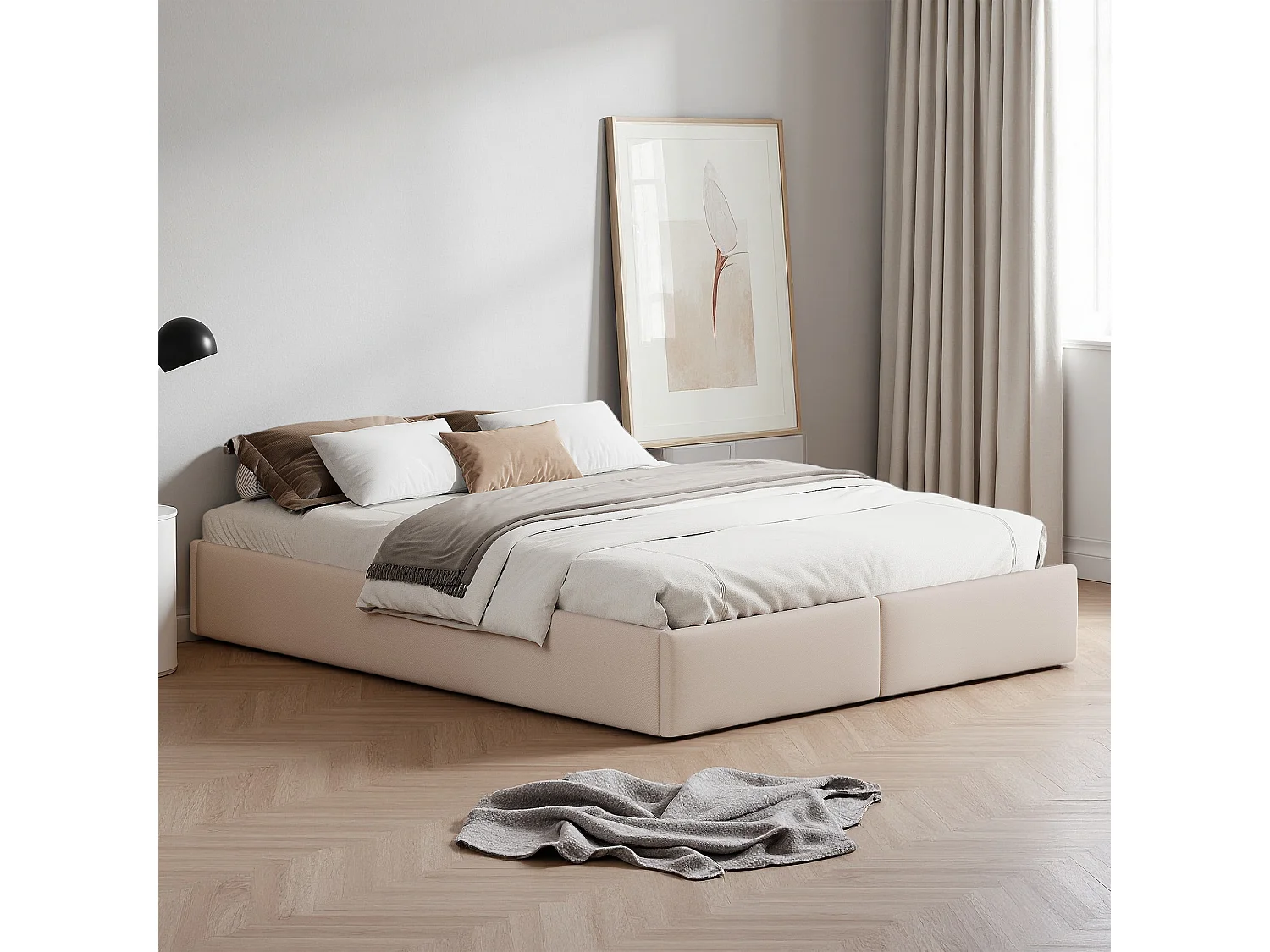 Lit coffre 140x190 cm - NEXU - Style minimaliste moderne - Tissu en lin - cadre de lit double 140x190 cm - 250 kg - Beige