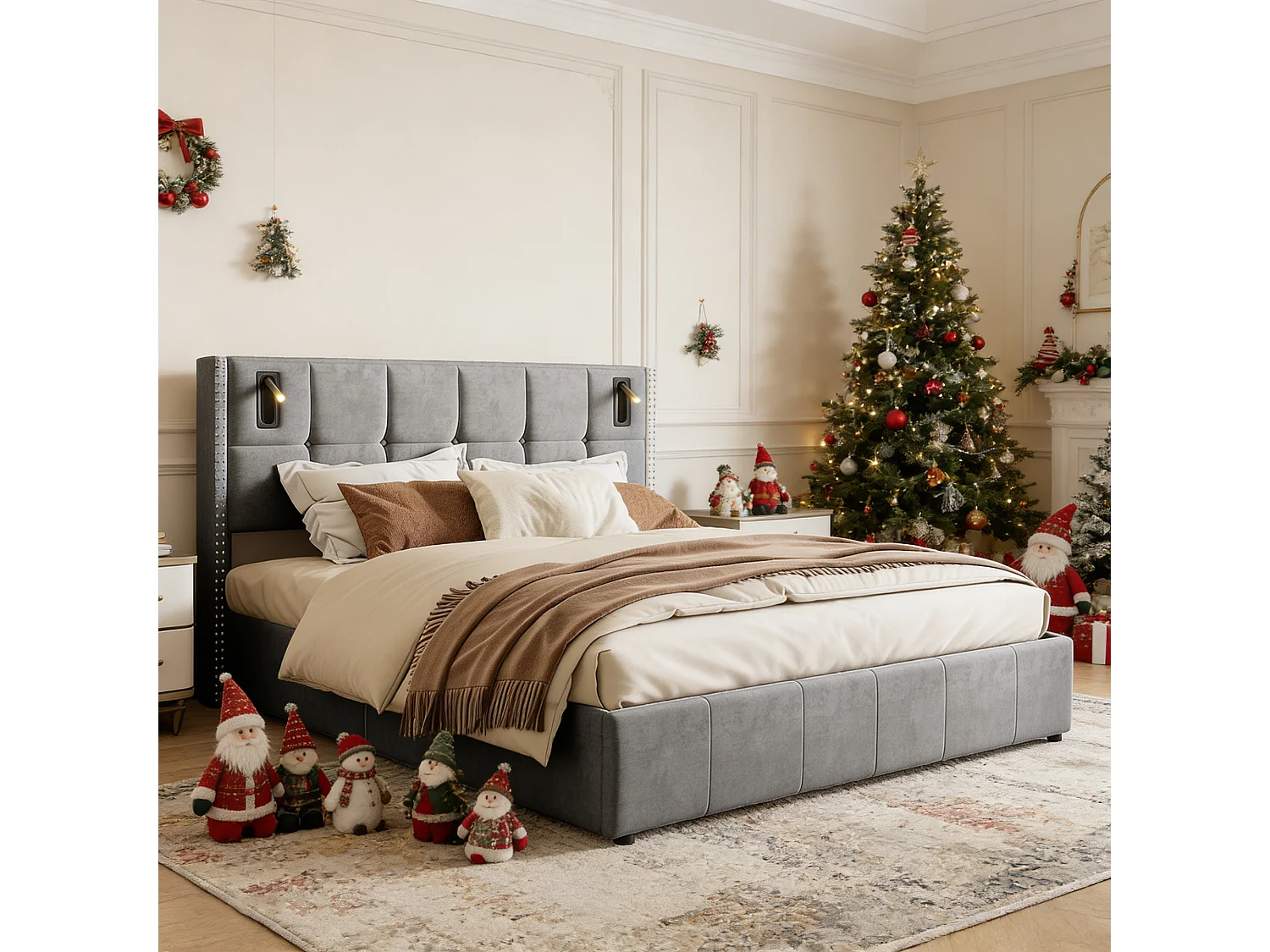 Lit coffre 140x190 avec sommier, POCKETPOP, lit 140x190 avec rangement, Lampe de lecture, velours, gris