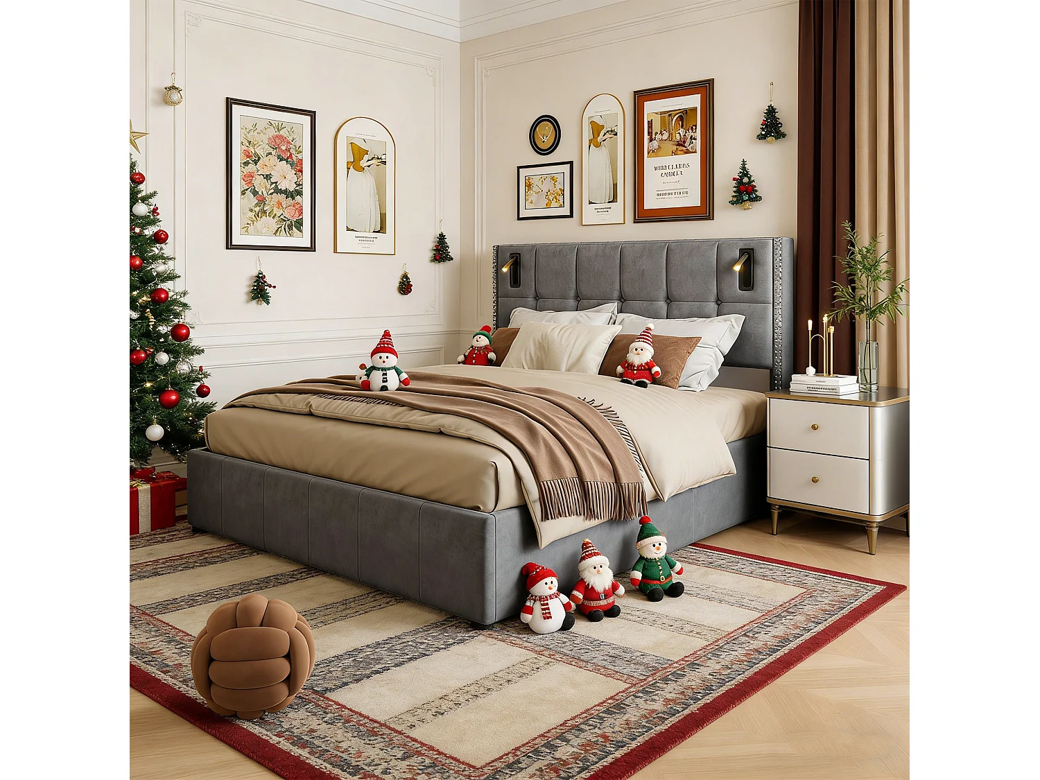 Lit coffre 140x190 avec sommier, POCKETPOP, lit 140x190 avec rangement, Lampe de lecture, velours, gris