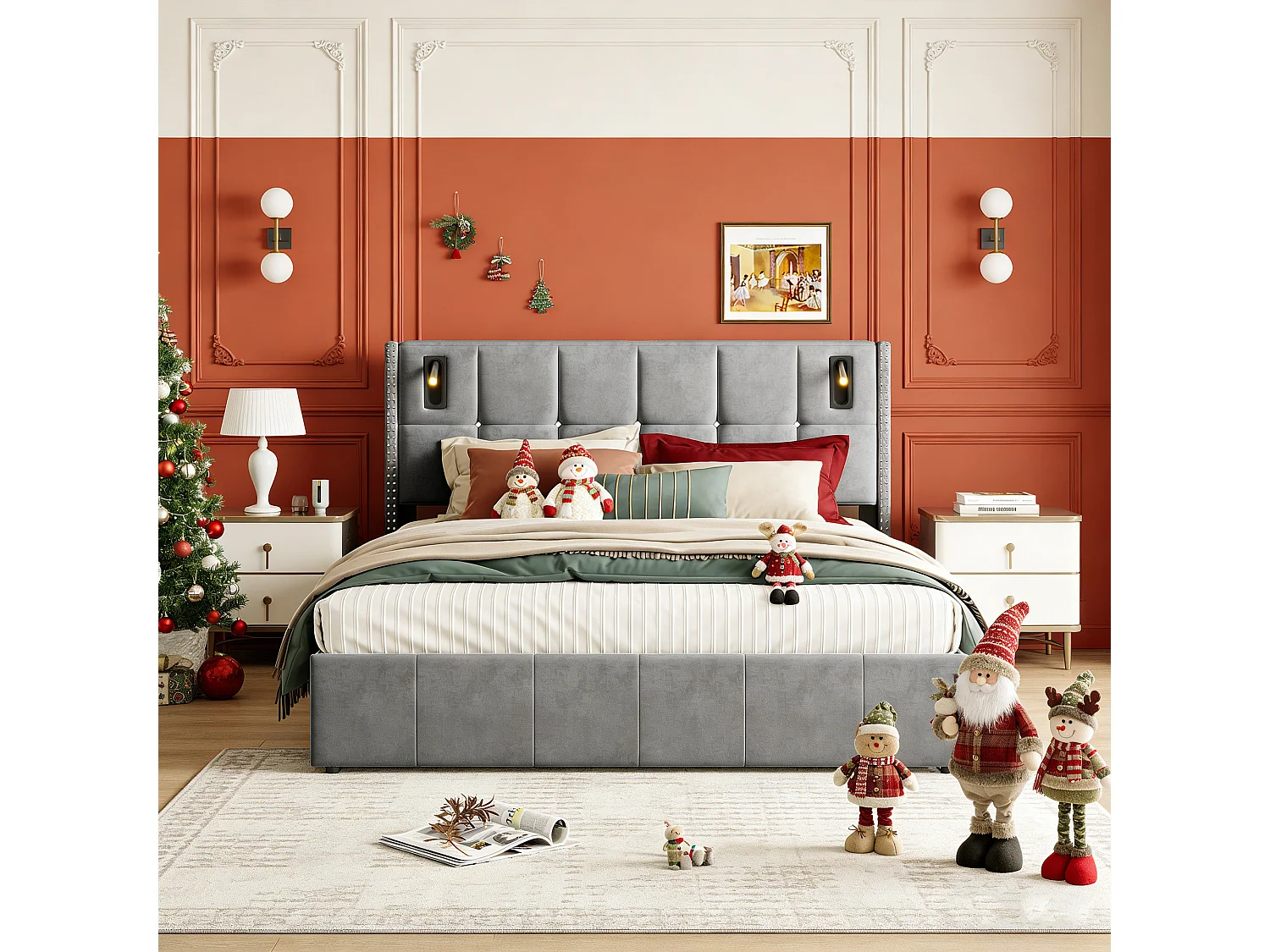 Lit coffre 140x190 avec sommier, POCKETPOP, lit 140x190 avec rangement, Lampe de lecture, velours, gris