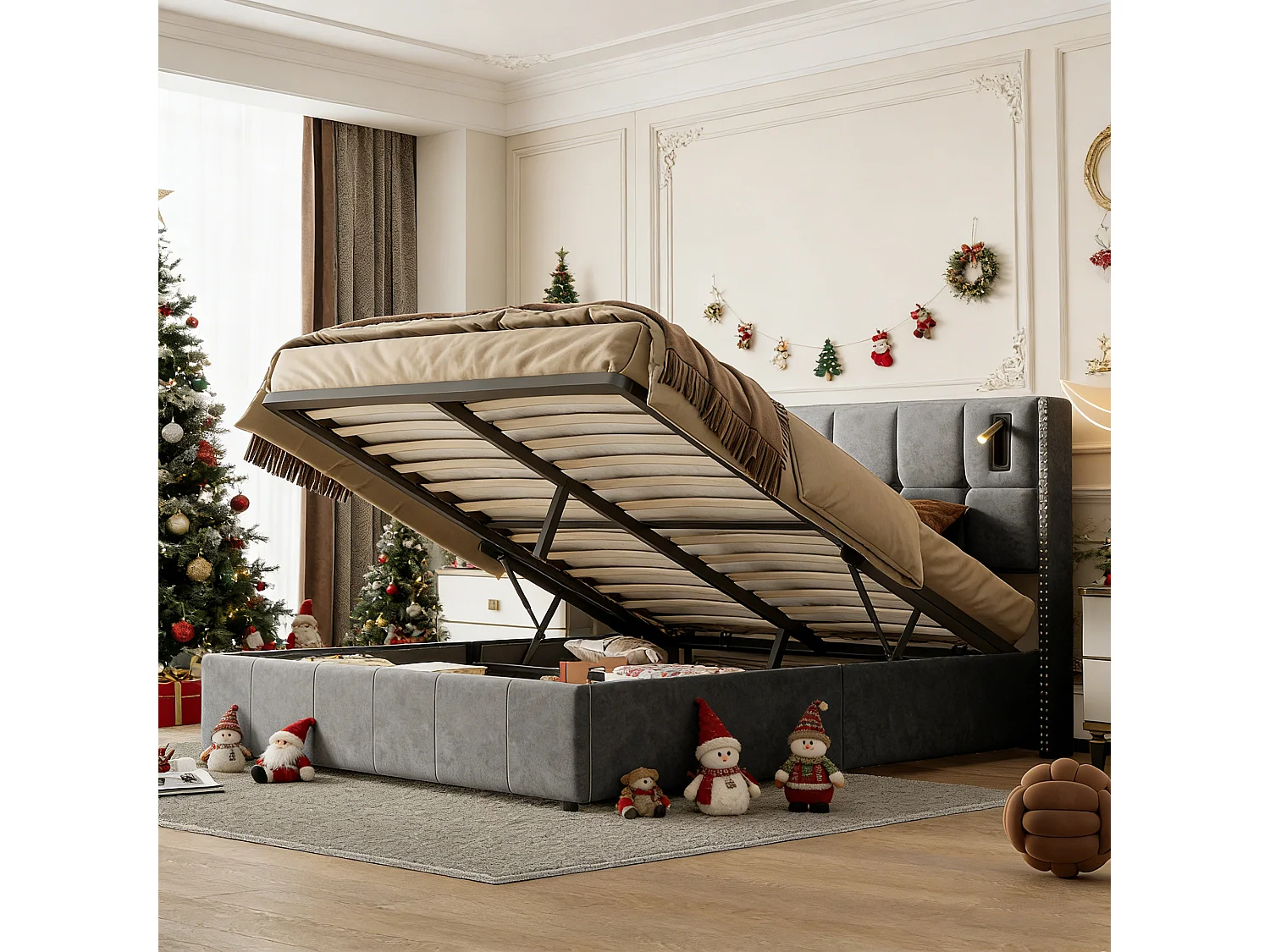 Lit coffre 140x190 avec sommier, POCKETPOP, lit 140x190 avec rangement, Lampe de lecture, velours, gris