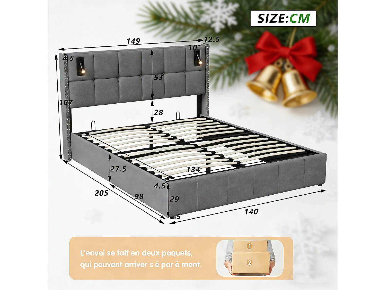 Lit coffre 140x190 avec sommier, POCKETPOP, lit 140x190 avec rangement, Lampe de lecture, velours, gris