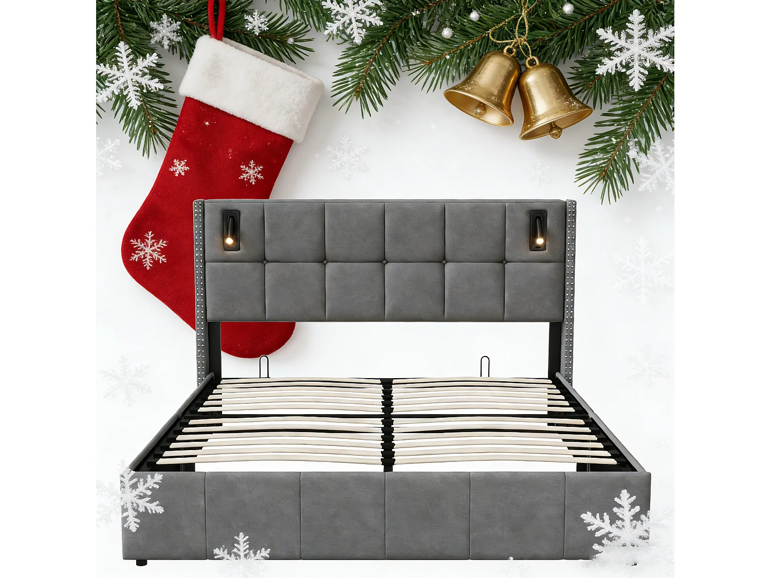 Lit coffre 140x190 avec sommier, POCKETPOP, lit 140x190 avec rangement, Lampe de lecture, velours, gris