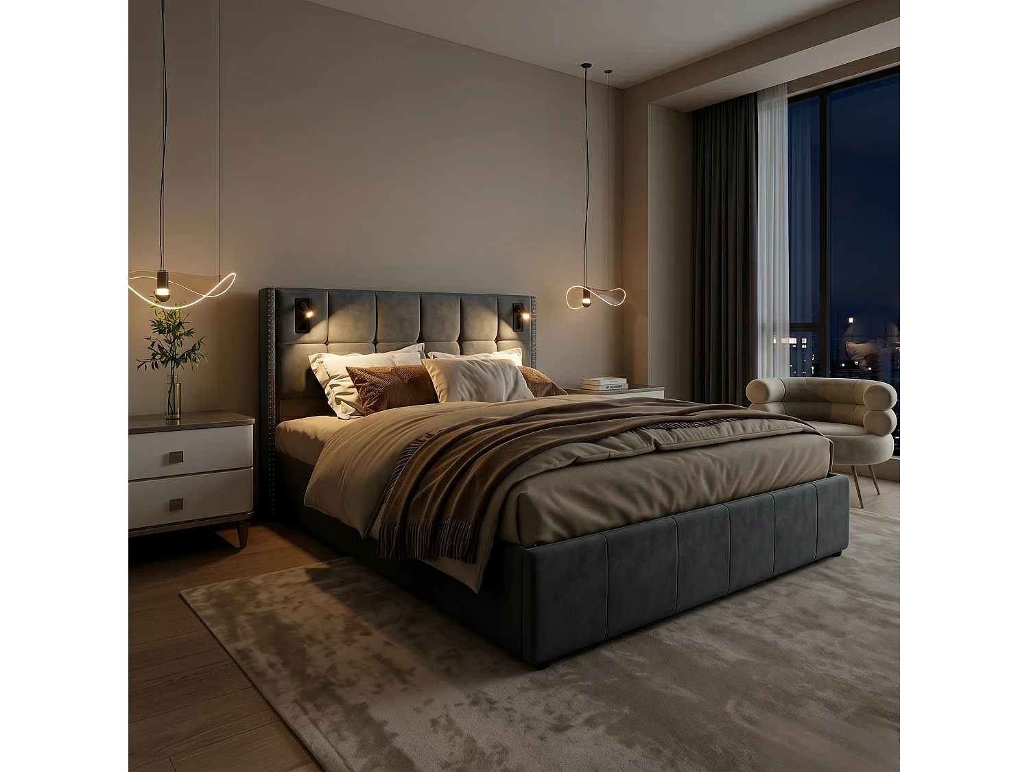 Lit coffre 140x190 cm avec sommier à lattes, lit adulte avec rangement intégré, lampe de lecture, tête de lit capitonnée en velours gris, sans matelas