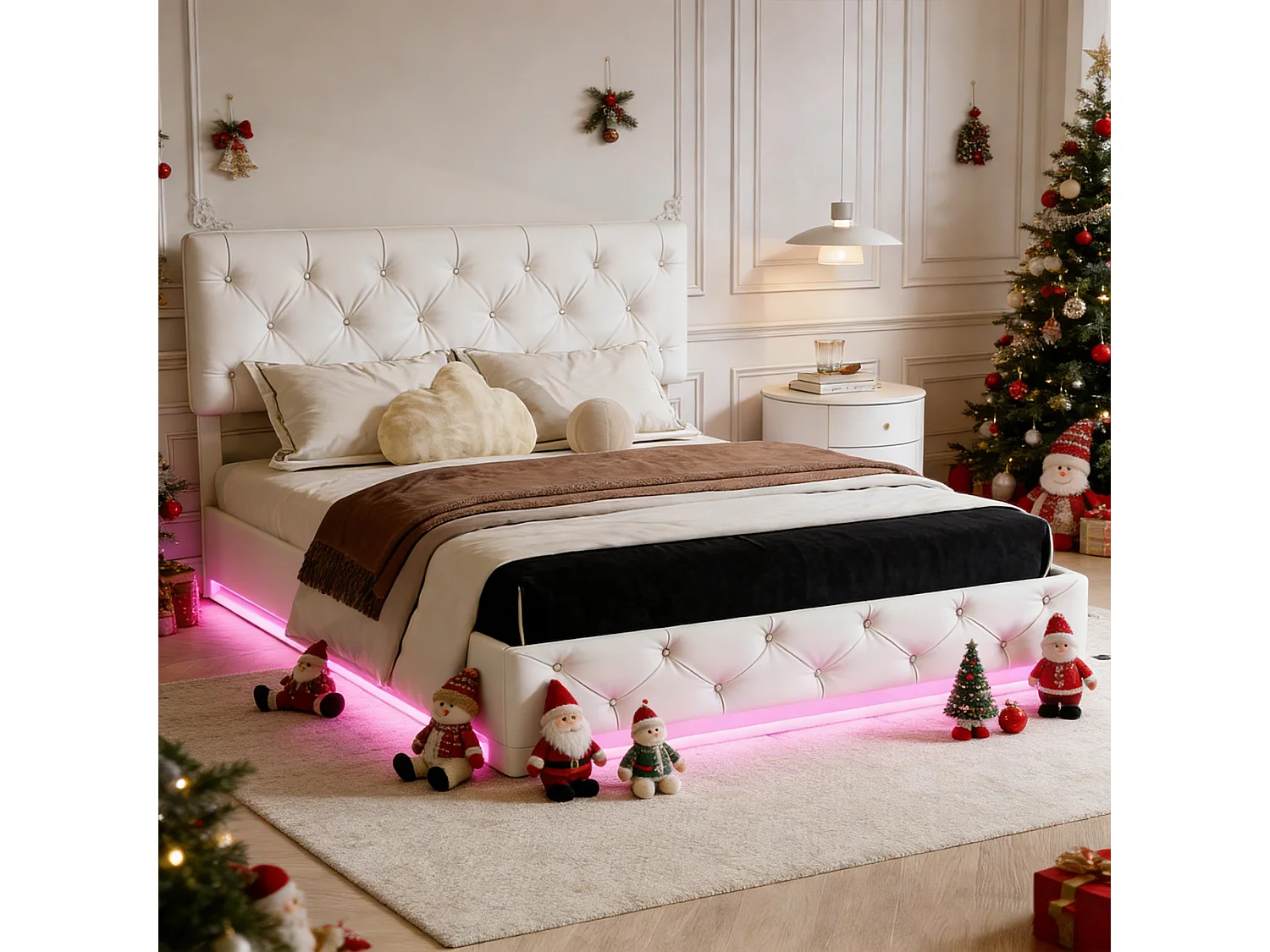 Lit coffre 140x190 avec sommier, lit 140x190 avec rangement, LED réglable, Hauteur de la tête de lit réglable, Lin, blanc cassé