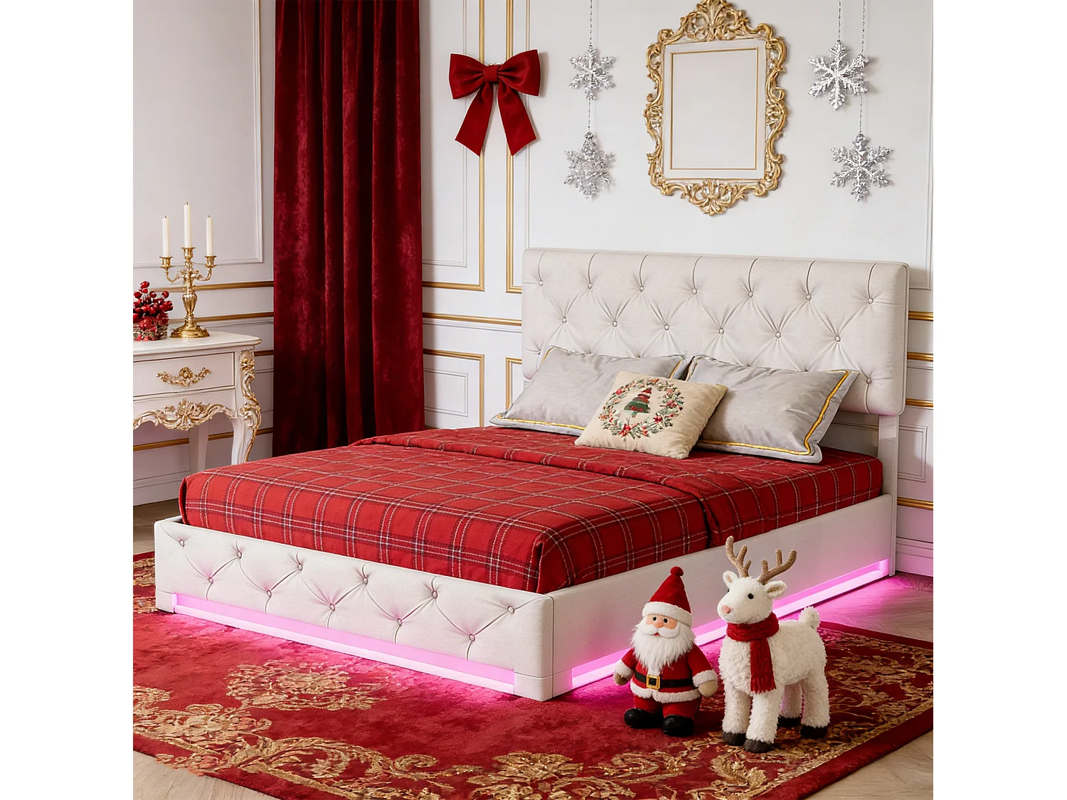 Lit coffre 140x190 avec sommier, lit 140x190 avec rangement, LED réglable, Hauteur de la tête de lit réglable, Lin, blanc cassé