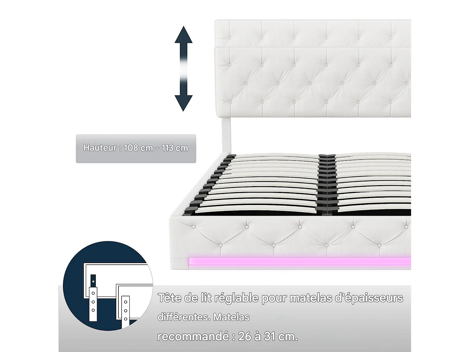 Lit coffre 140x190 avec sommier, lit 140x190 avec rangement, LED réglable, Hauteur de la tête de lit réglable, Lin, blanc cassé