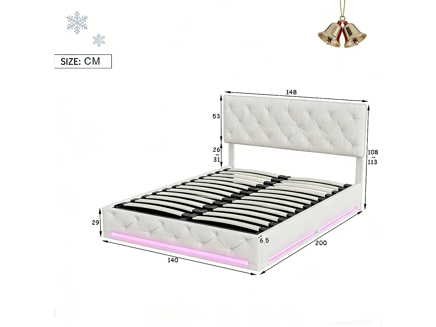 Lit coffre 140x190 avec sommier, lit 140x190 avec rangement, LED réglable, Hauteur de la tête de lit réglable, Lin, blanc cassé