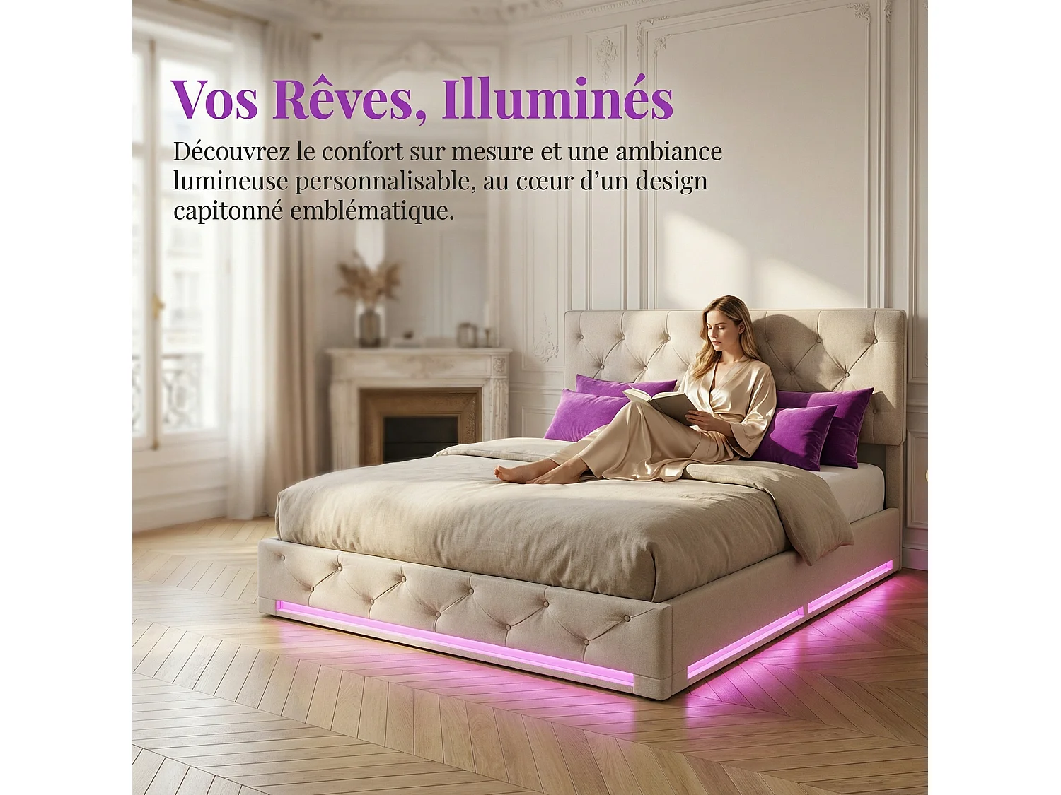 Lit coffre 140x190 cm en tissu lin blanc cassé - Lit double adulte avec sommier à lattes, LED réglable et tête de lit ajustable en hauteur