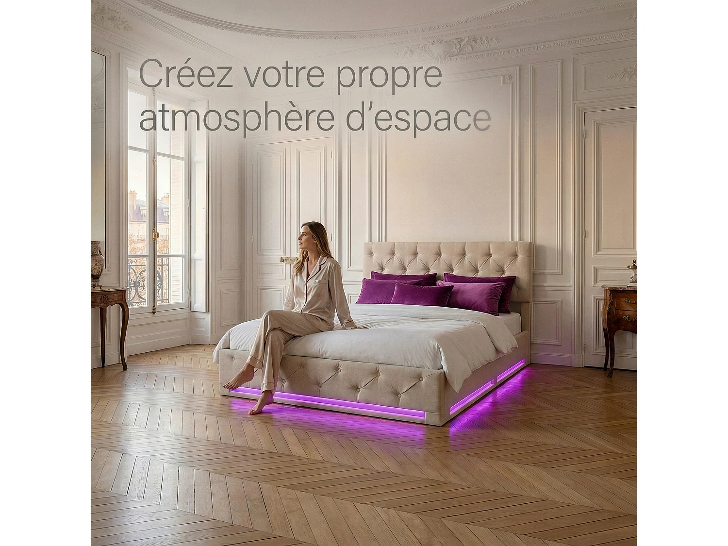 Lit coffre 140x190 cm en tissu lin blanc cassé - Lit double adulte avec sommier à lattes, LED réglable et tête de lit ajustable en hauteur